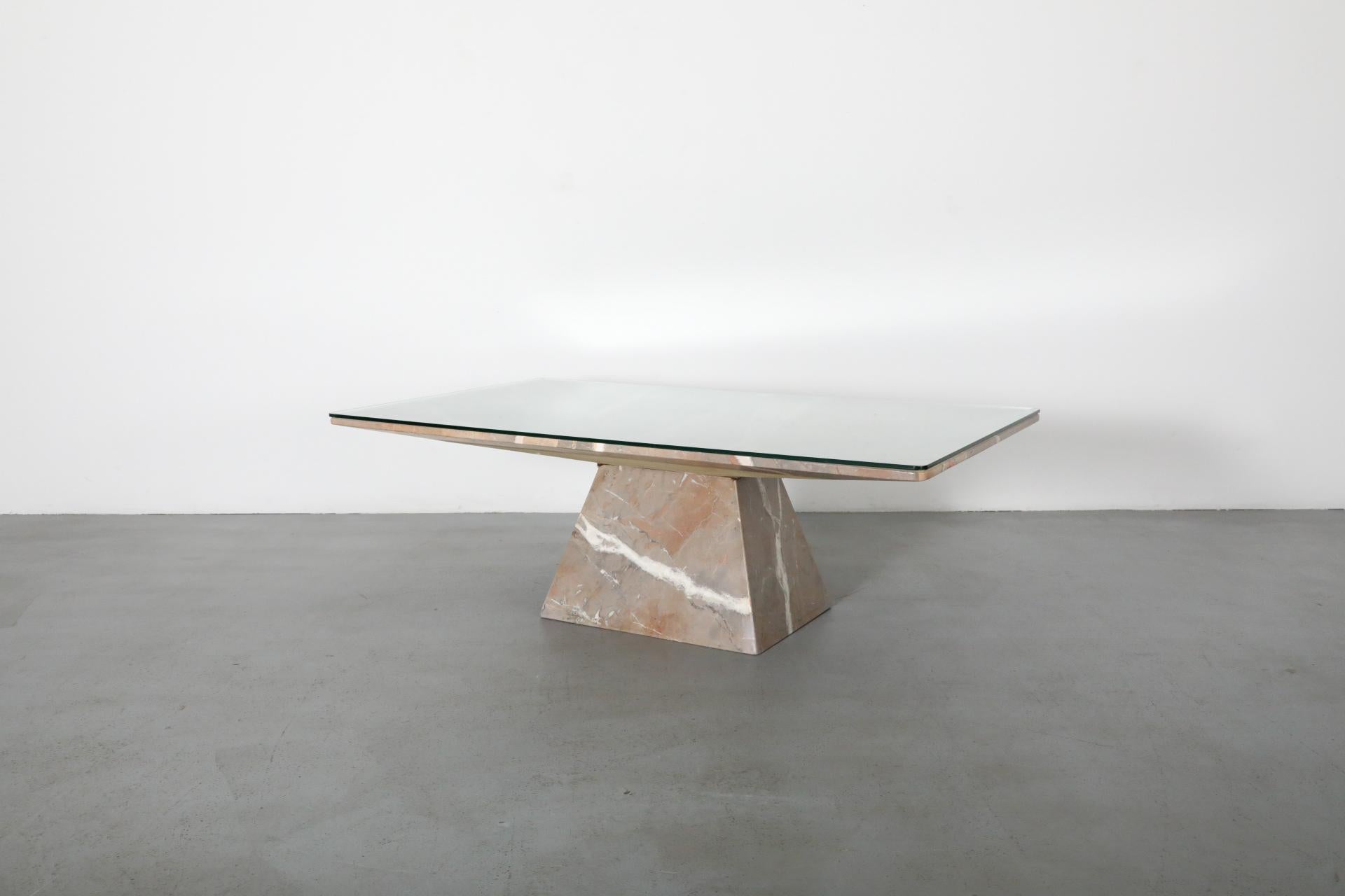 Italian Angelo Mangiarotti Inspired Marble Coffee Table with Pyramid Base and Glass Top