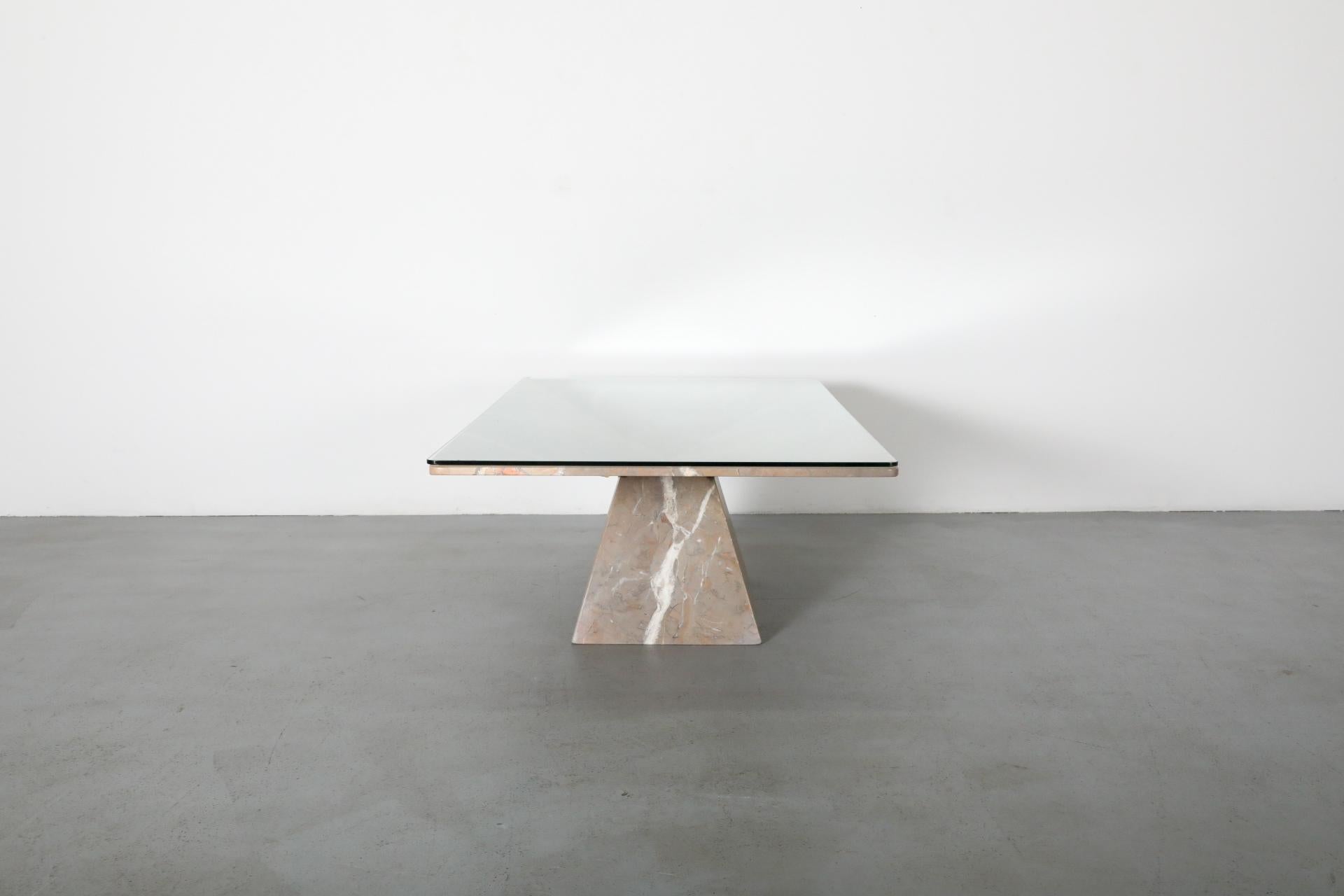 Angelo Mangiarotti Inspired Marble Coffee Table with Pyramid Base and Glass Top In Good Condition In Los Angeles, CA