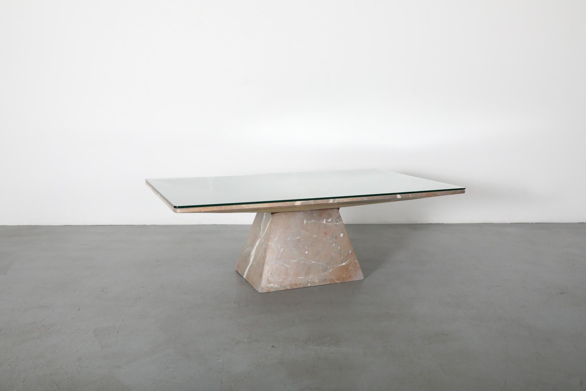 Late 20th Century Angelo Mangiarotti Inspired Marble Coffee Table with Pyramid Base and Glass Top