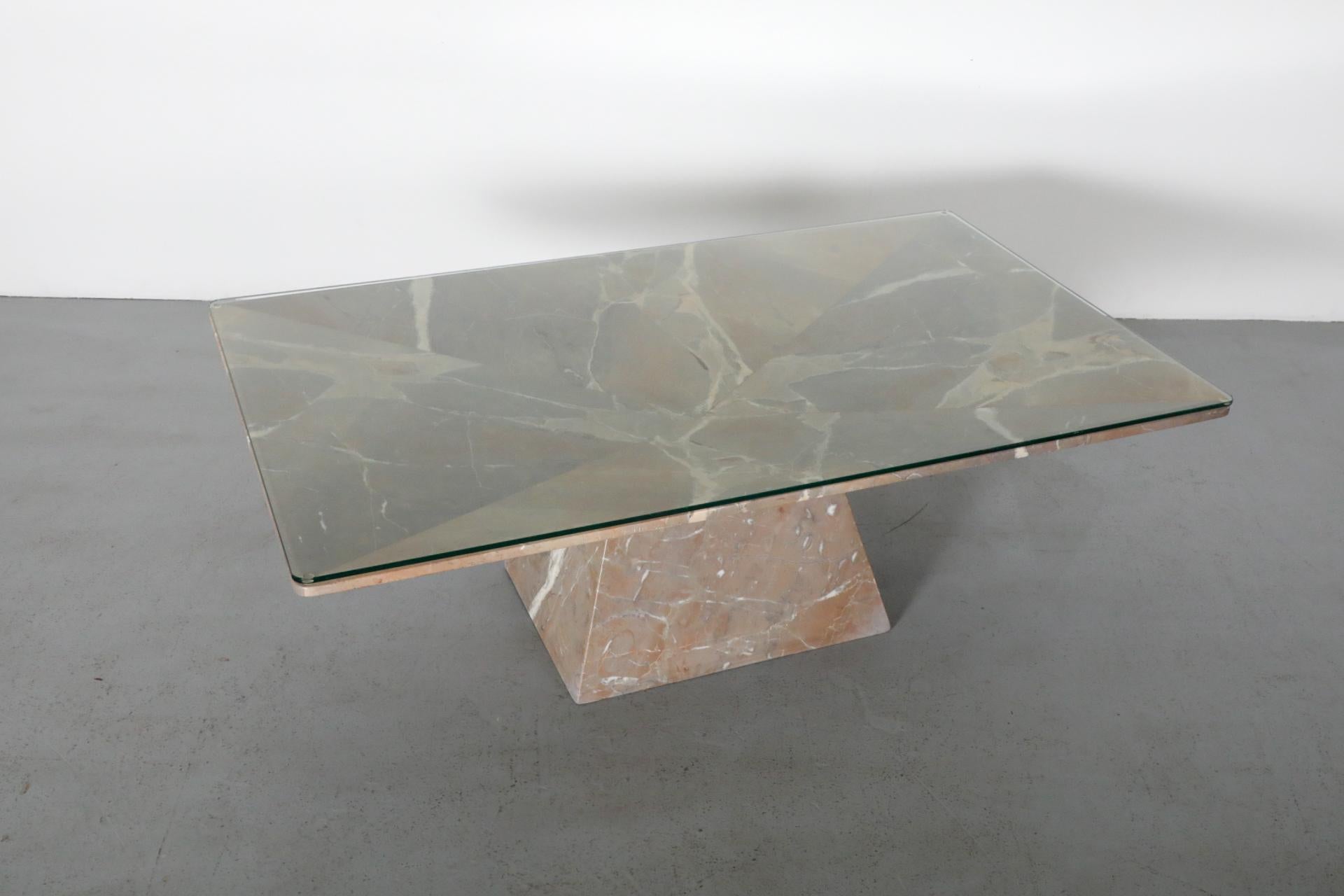 Angelo Mangiarotti Inspired Marble Coffee Table with Pyramid Base and Glass Top 1