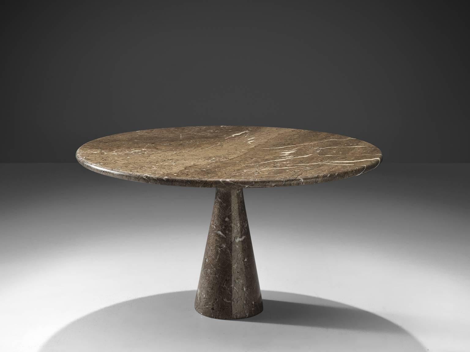 Angelo Mangiarotti for Skipper, table M1, marble, Italy, 1969

This patterned brown to greyish table is designed by Mangiarotti and a cone shaped base and a circular top. The circular top rests perfectly on the cone. The design showcases a play of