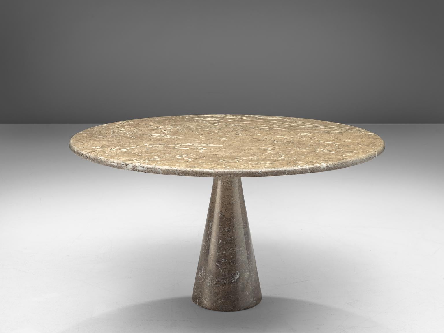 Angelo Mangiarotti for Skipper, table M1, marble, Italy, 1969.

This patterned brown to greyish table has a cone shaped base and a circular top. The circular top rests perfectly on the cone. The design showcases a play of balance and rhythm. The