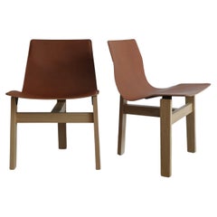 Angelo Mangiarotti Italian Leather and Wood Dining Chairs for Agapecasa