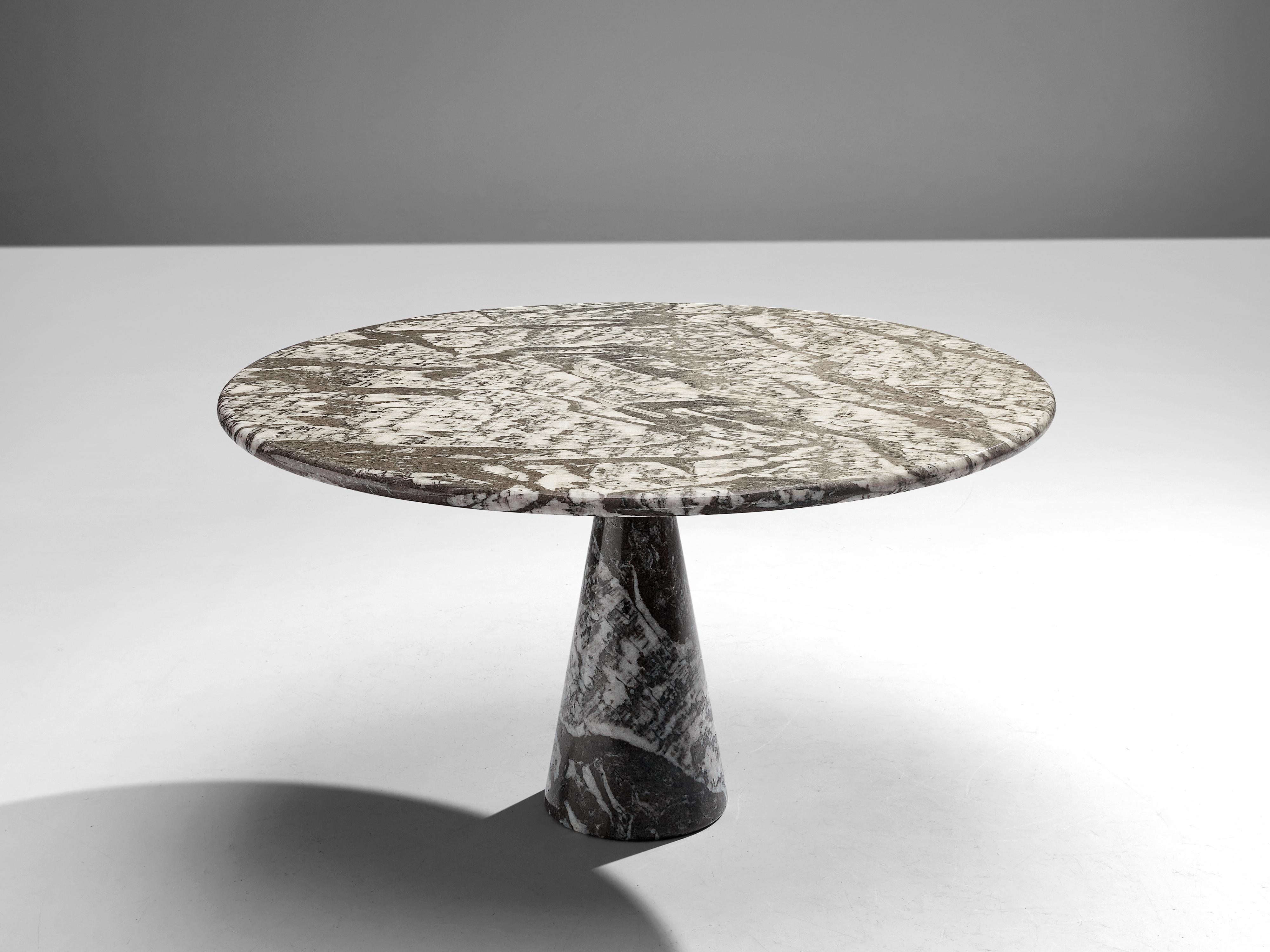 Angelo Mangiarotti for Skipper, table 'M1', marble, Italy, 1969.

This strikingly patterned brown to grey table has a cone shaped base and a circular top with a strongly contrasting veins in white. The circular top rests perfectly on the cone. The