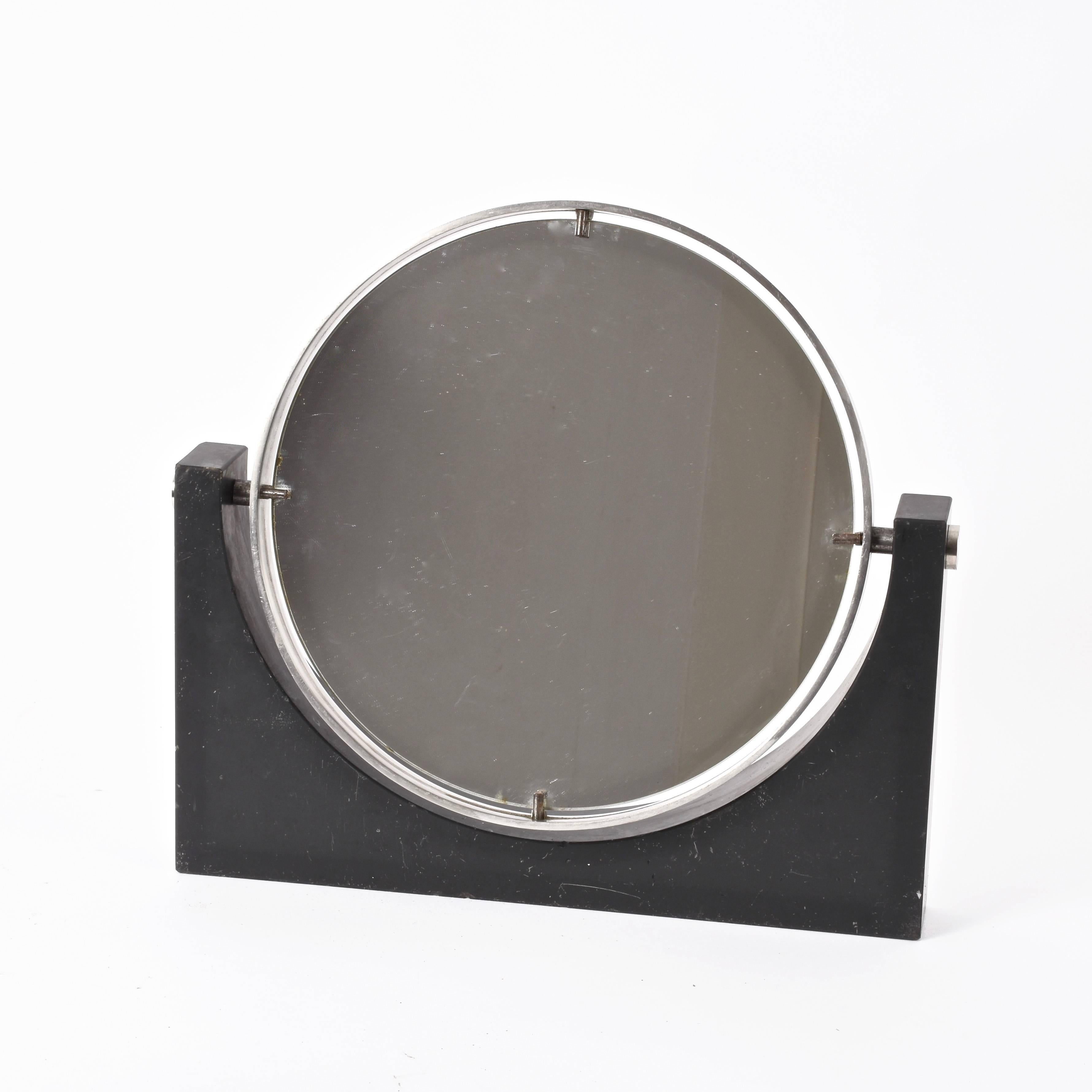 Italian Angelo Mangiarotti Midcentury Marble and Steel Round Vanity Table Mirror, 1960s For Sale