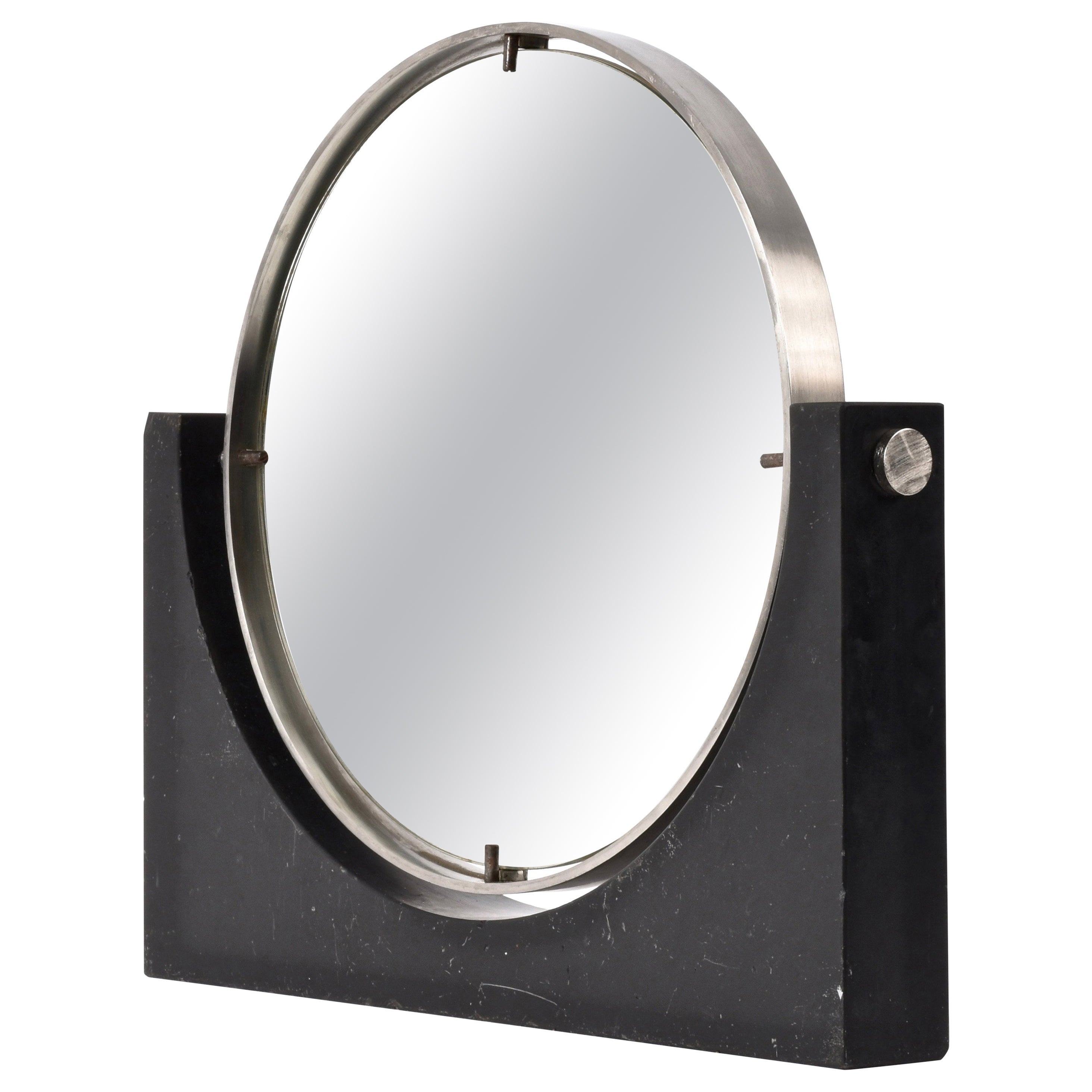 Angelo Mangiarotti Midcentury Marble and Steel Round Vanity Table Mirror, 1960s