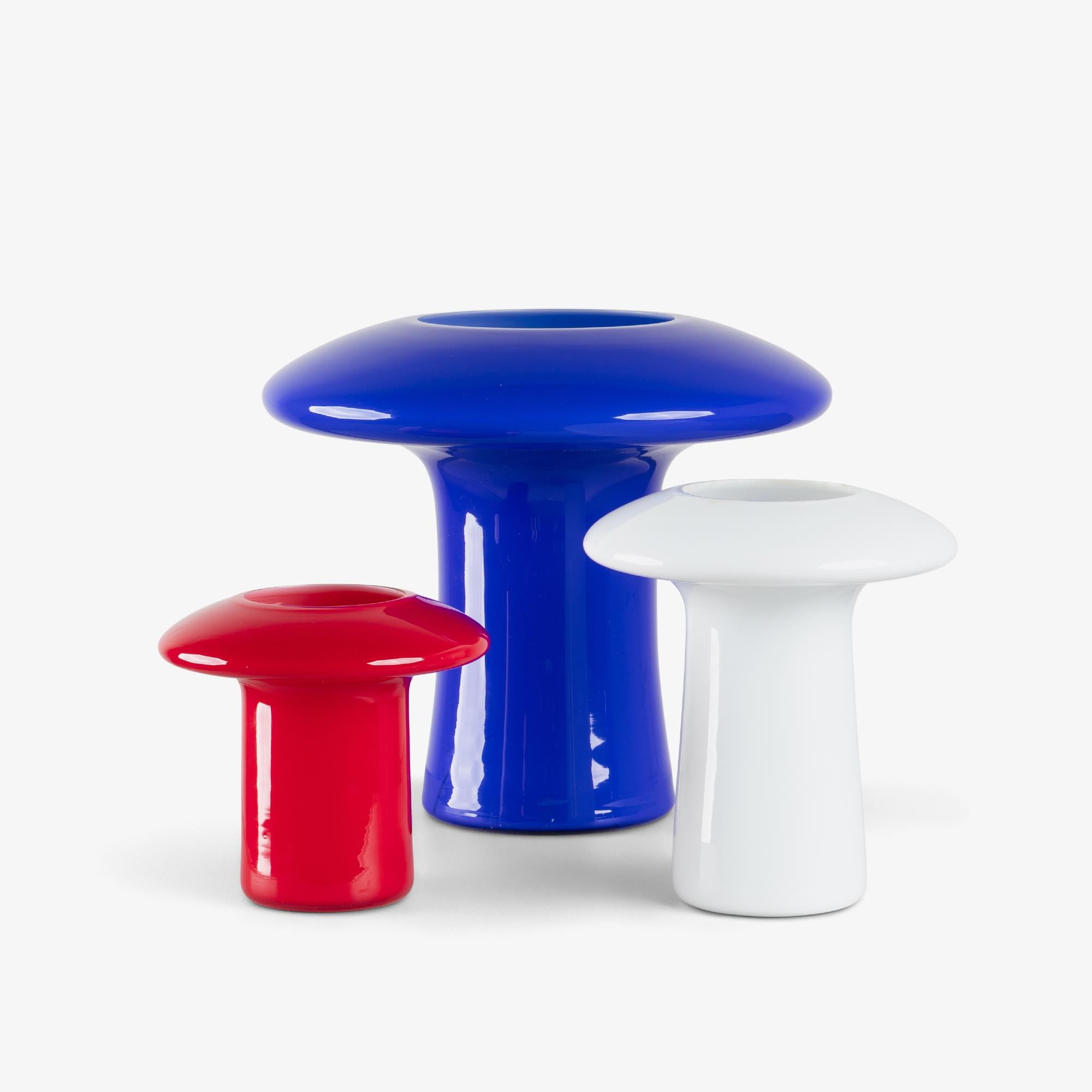 Mid-Century Modern Angelo Mangiarotti Murano Glass Mushroom Vases for Knoll in Blue Red and White For Sale