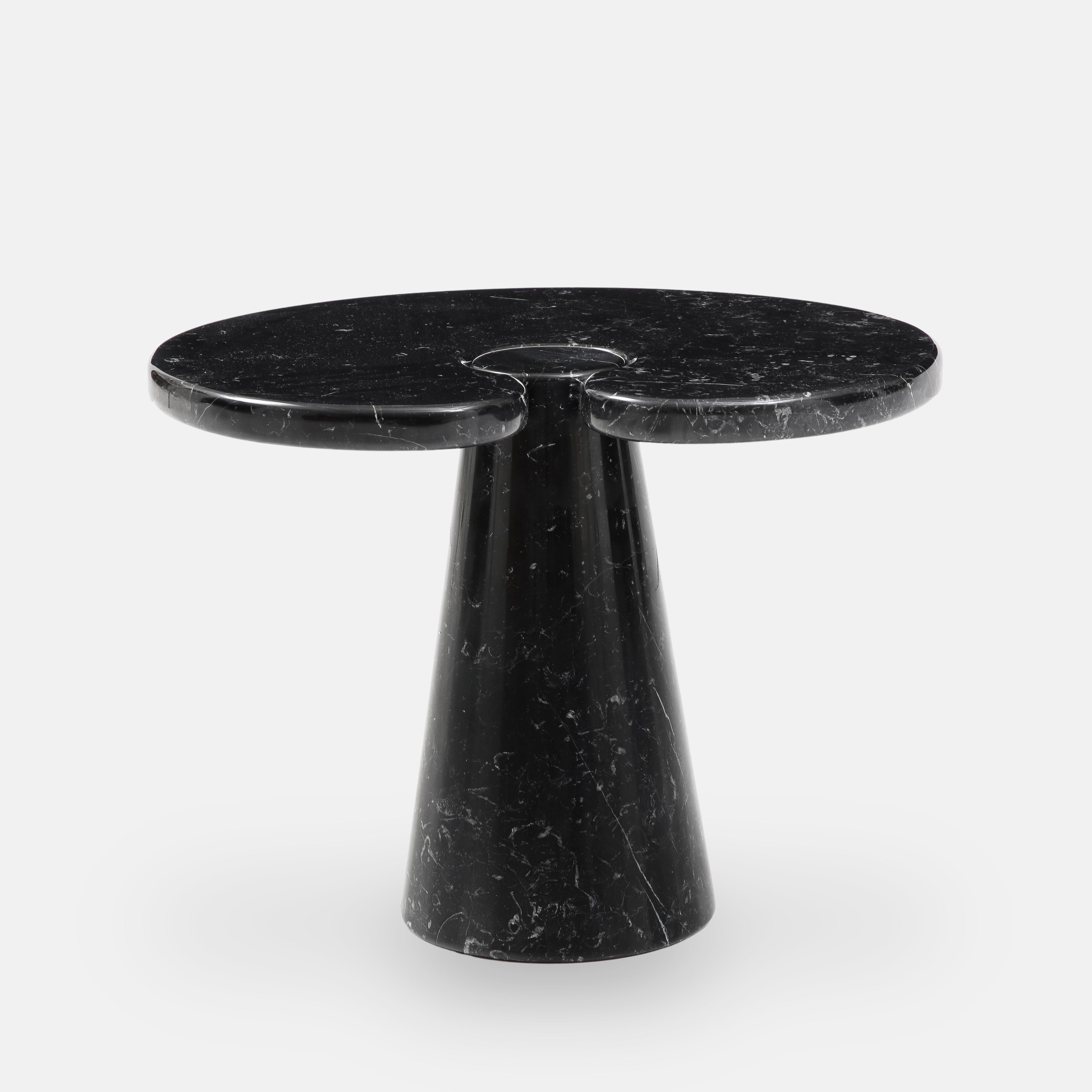 Designed by Angelo Mangiarotti for Skipper from the Eros series, Nero Marquina marble side table with top fitted on conical base. This elegantly organic table has beautiful subtle veining throughout. Original Skipper label on underside. As the label