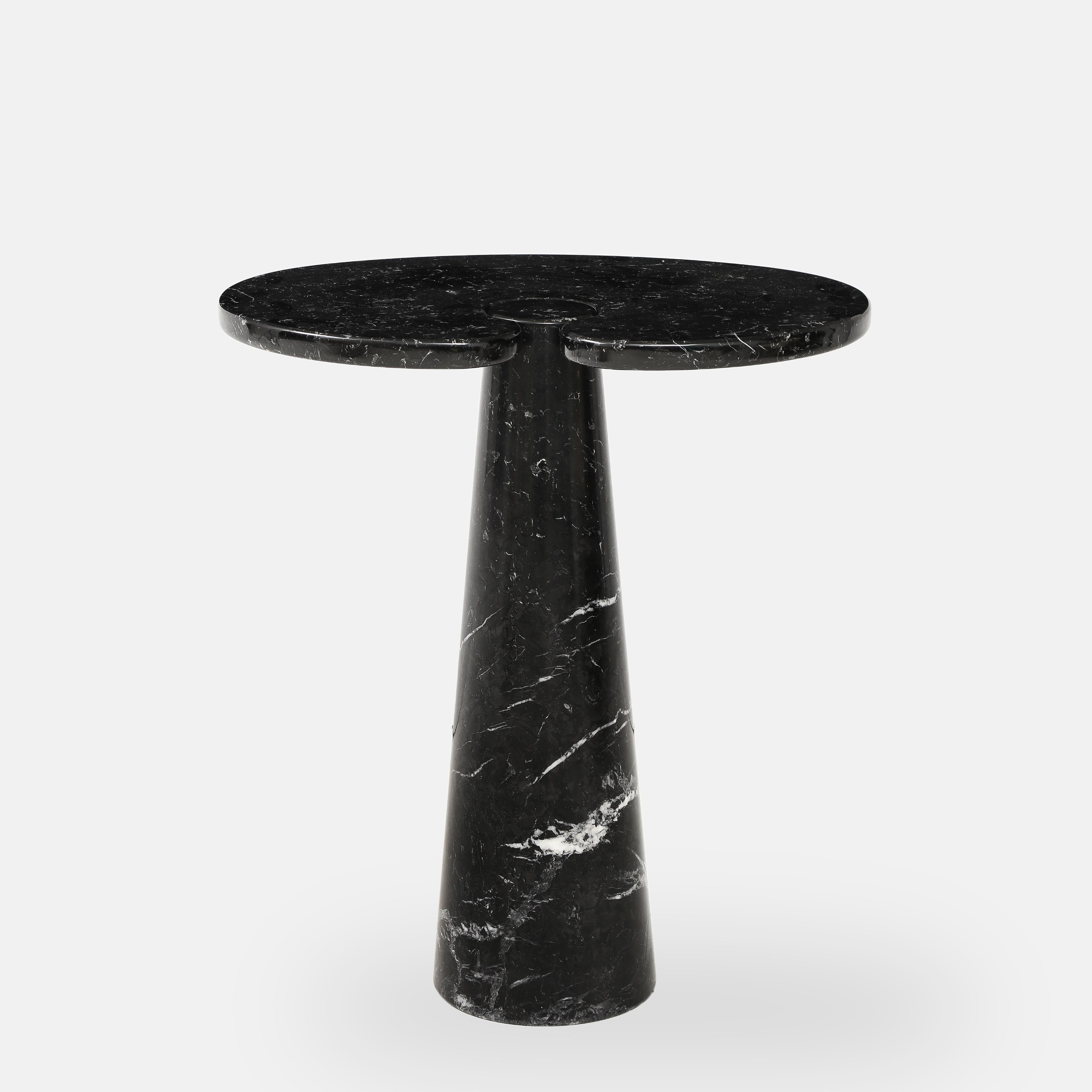 Designed by Angelo Mangiarotti for Skipper from the 'Eros' series, Nero Marquina marble tall side table or console with top fitted on a conical base. This elegantly organic table has beautiful subtle veining throughout. Original Skipper label on