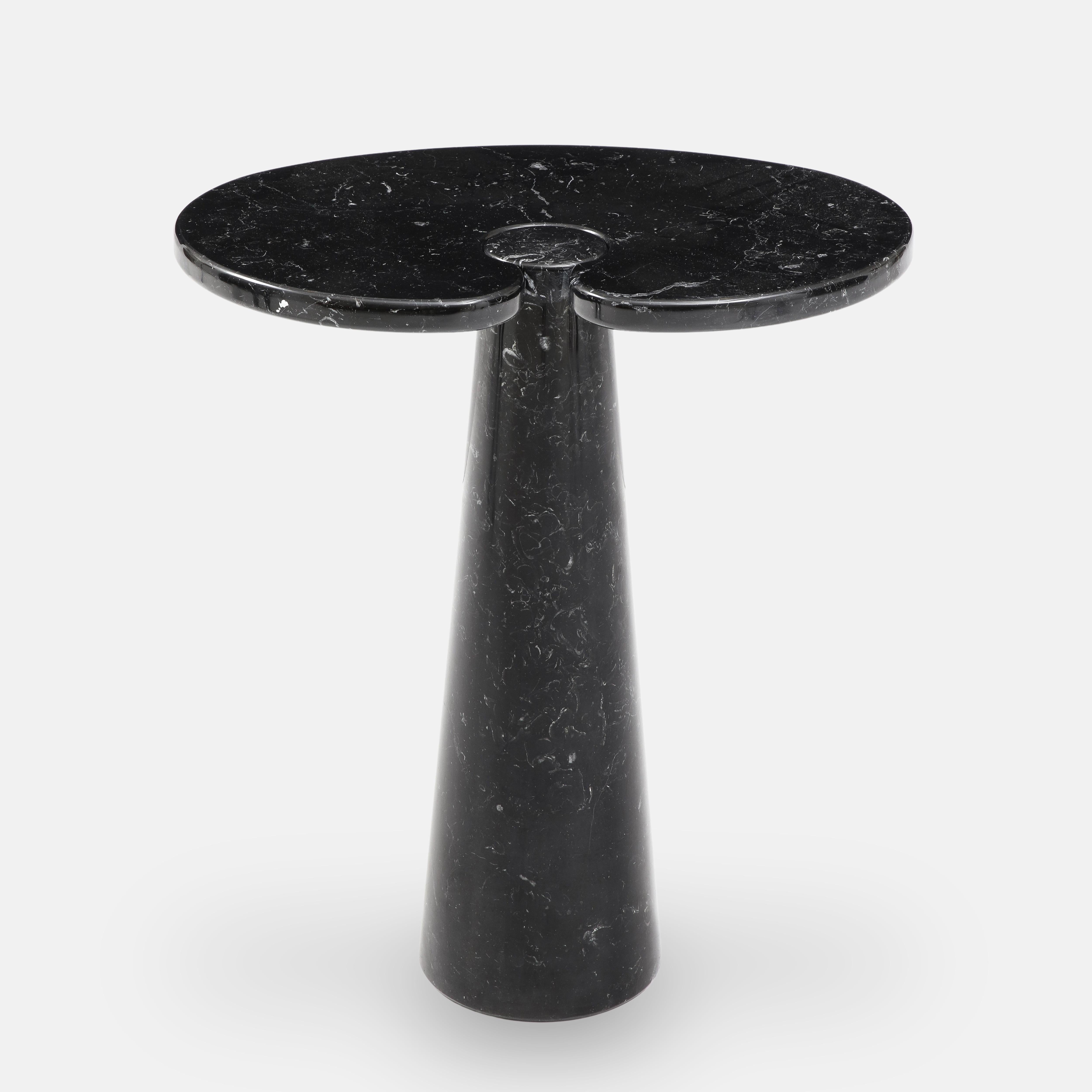 Designed by Angelo Mangiarotti for Skipper from the 'Eros' series, pair of Nero Marquina marble tall side tables or console tables with top fitted on a conical base. These elegantly organic tables have beautiful subtle veining throughout. Original