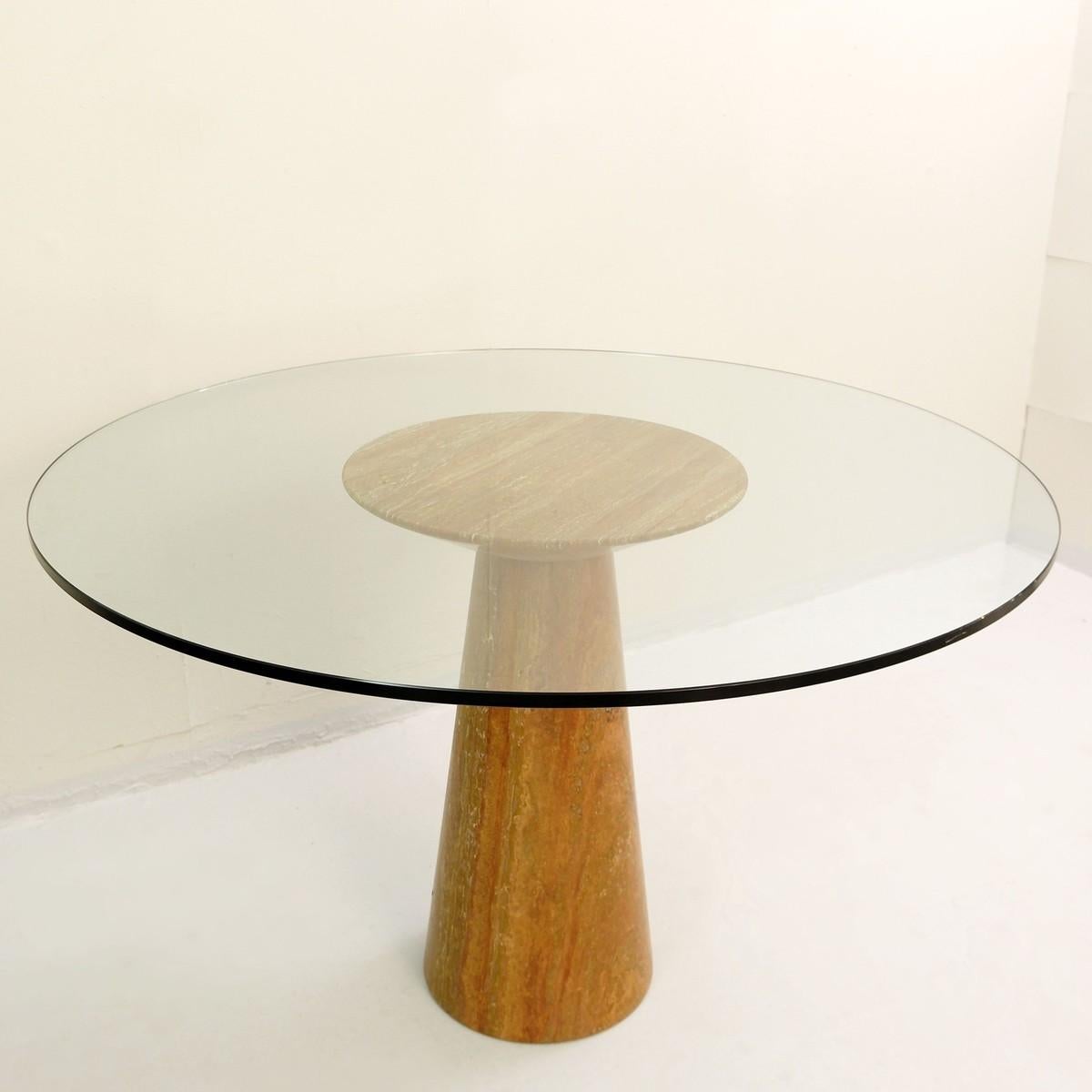 Angelo Mangiarotti red travertine and glass round dining table.
