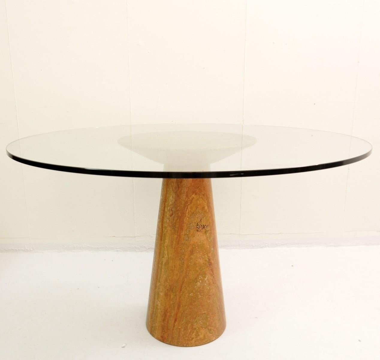 Angelo Mangiarotti Red Travertine and Glass Round Dining Table 1