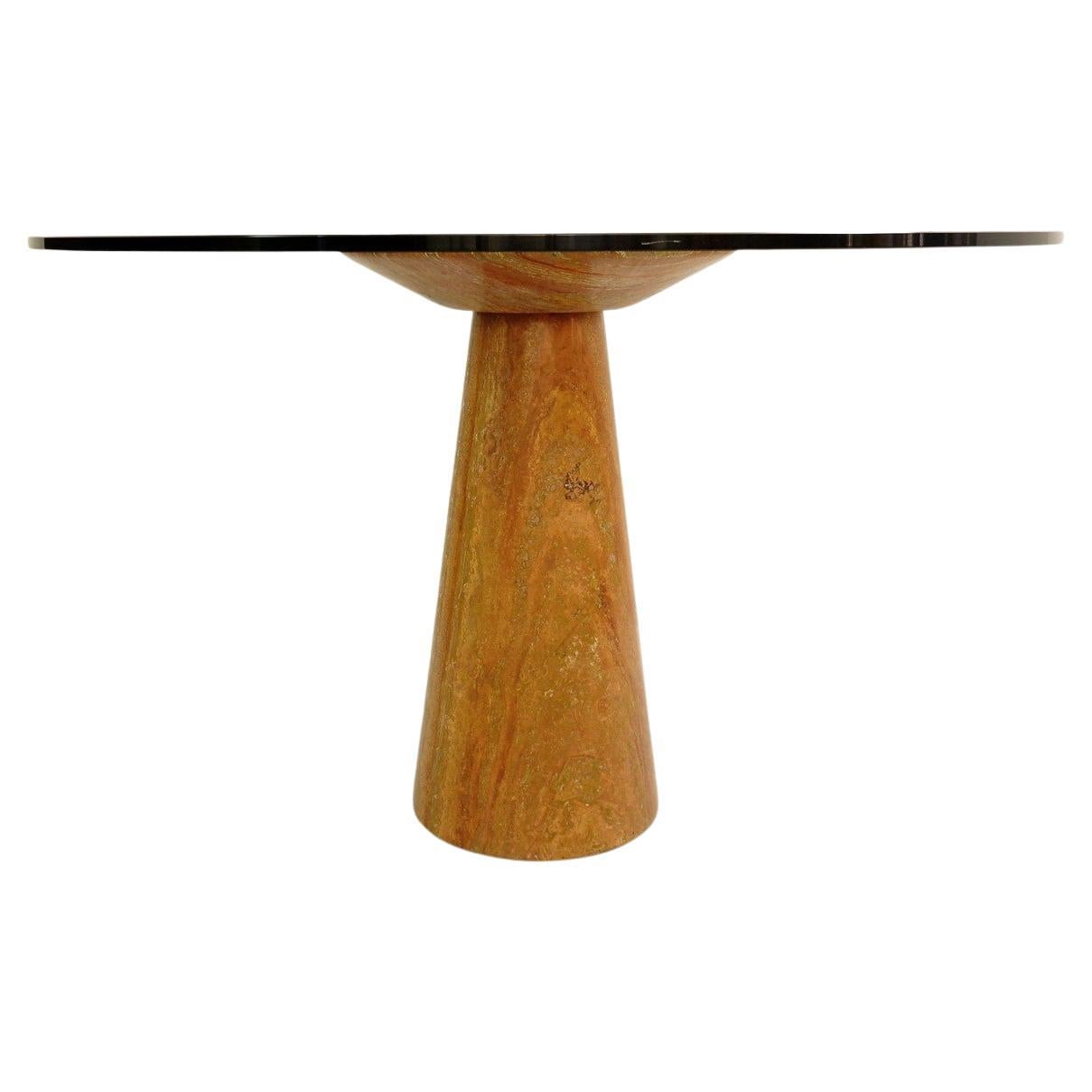 Angelo Mangiarotti Red Travertine and Glass Round Dining Table