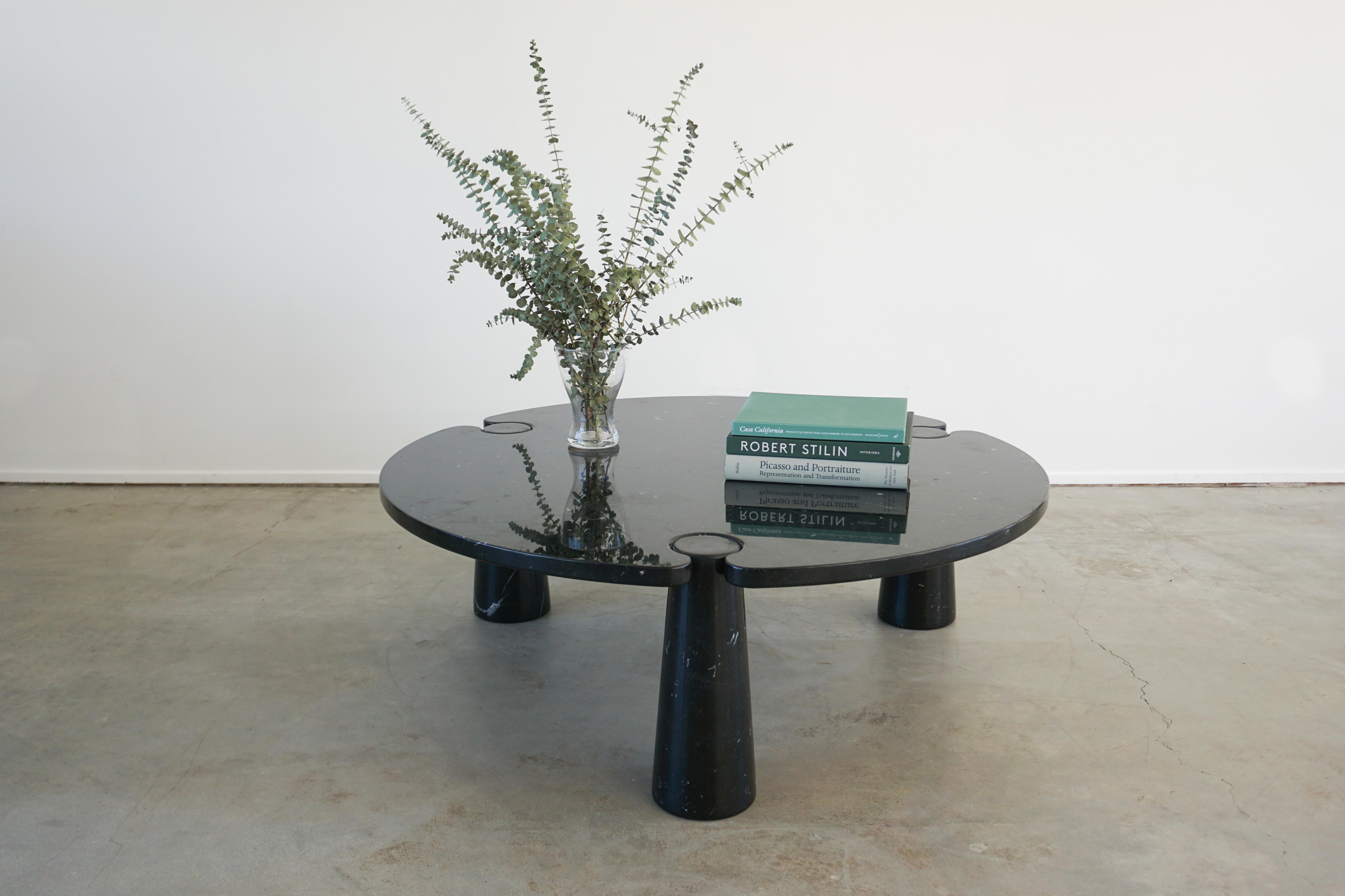 Vintage Italian three cylinder Black Marquina marble coffee table by Angelo Mangiarotti.