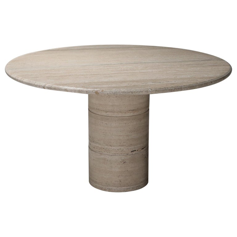 Angelo Mangiarotti round travertine dining table, 1970s, offered by Goldwood Interiors