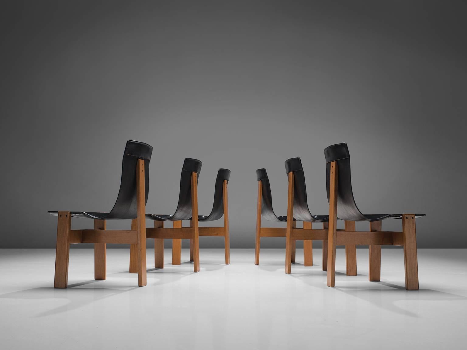 Post-Modern Angelo Mangiarotti Set of Six 'Tre 3' Chairs in Black Leather