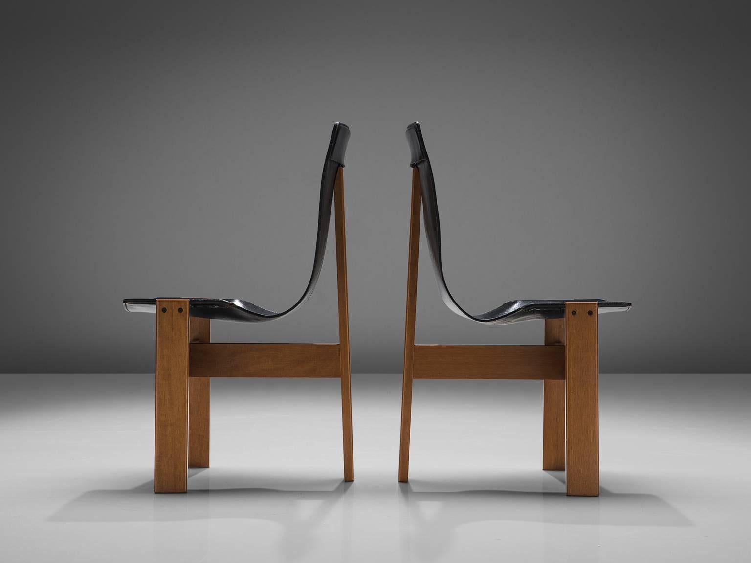 Italian Angelo Mangiarotti Set of Six 'Tre 3' Chairs in Black Leather