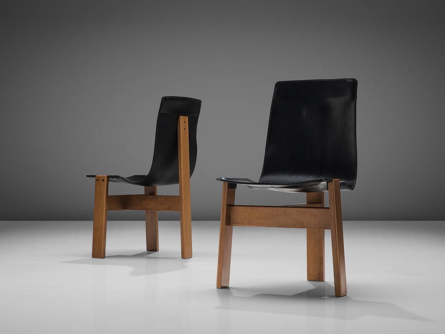 Angelo Mangiarotti Set of Six 'Tre 3' Chairs in Black Leather In Good Condition In Waalwijk, NL