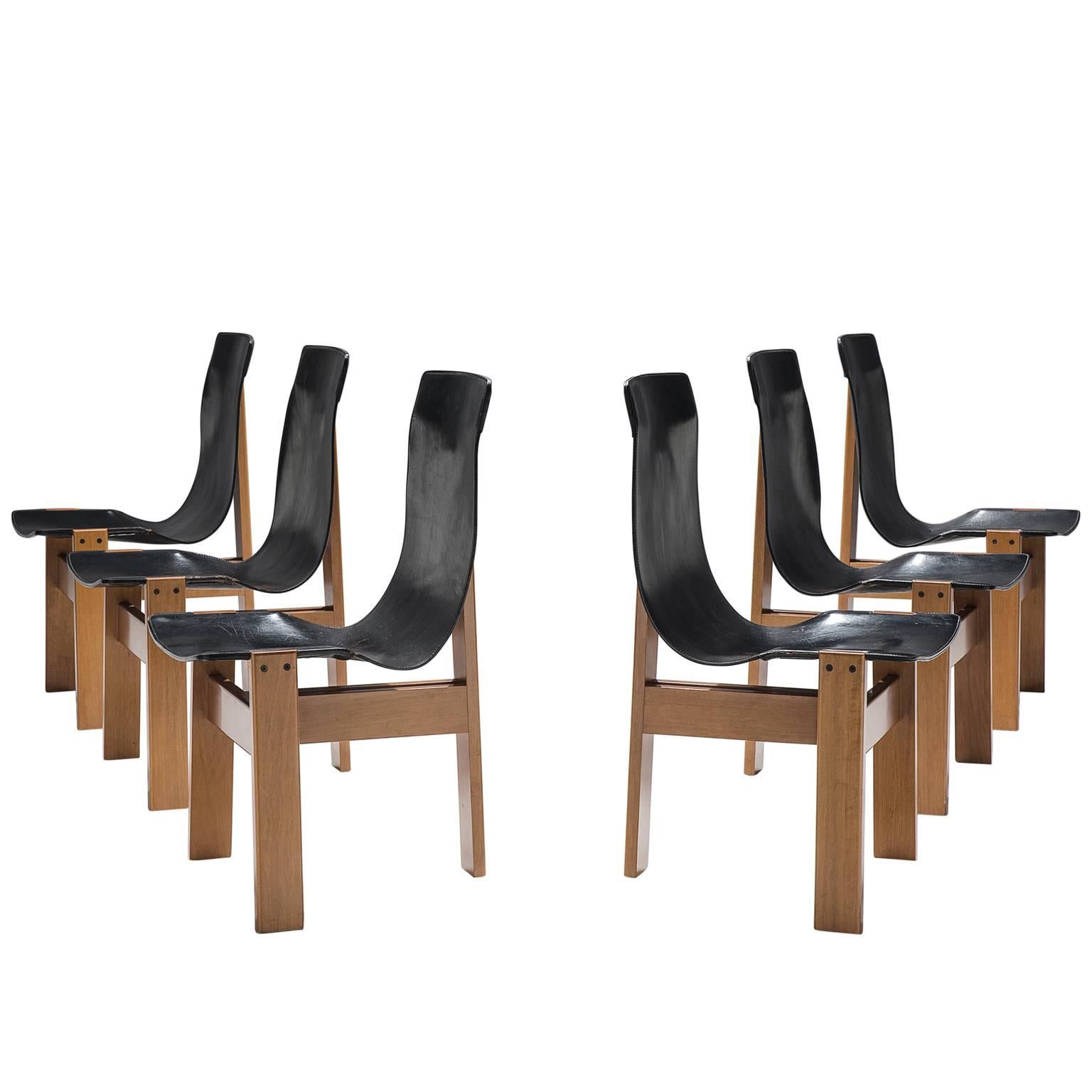 Angelo Mangiarotti Set of Six 'Tre 3' Chairs in Black Leather