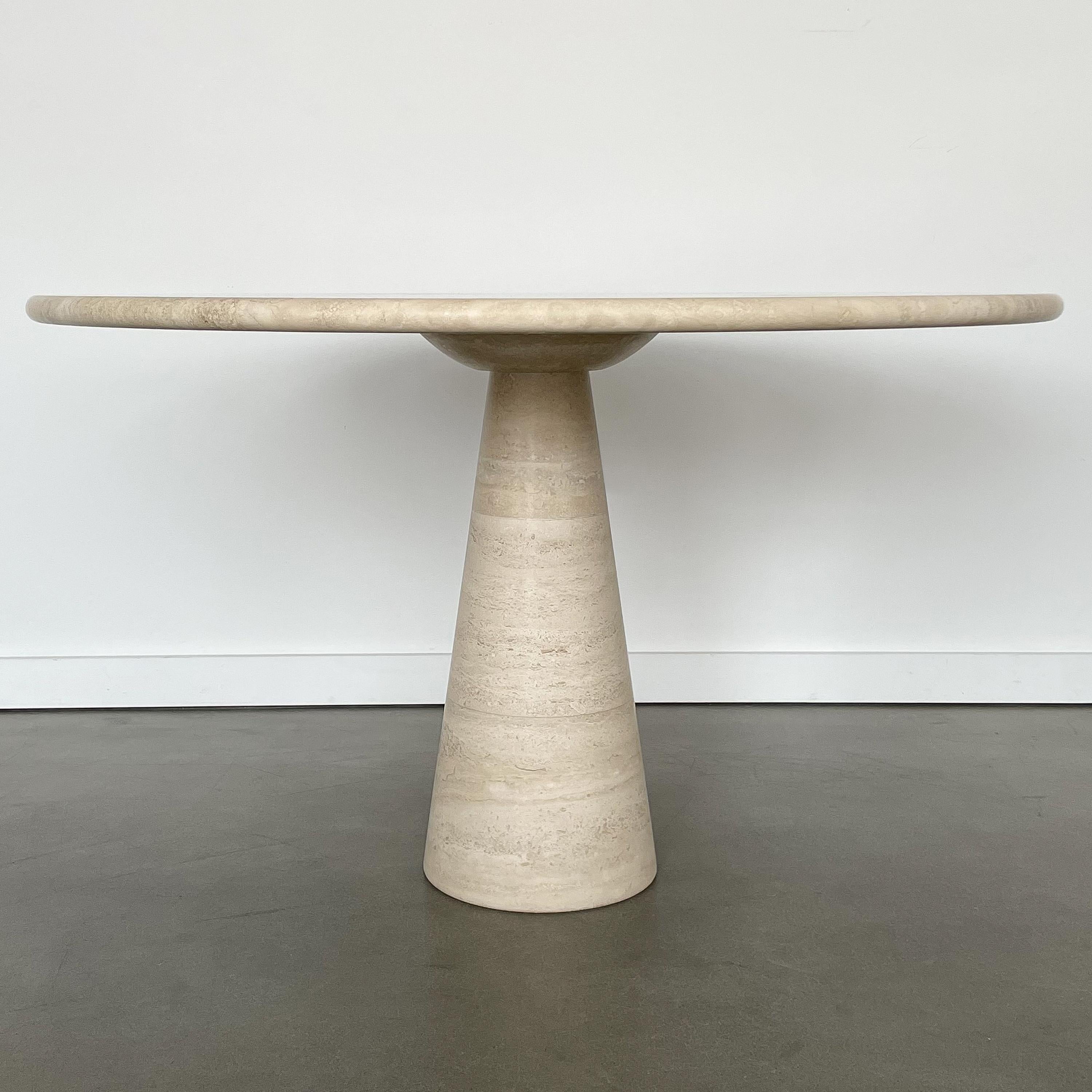 Italian Angelo Mangiarotti Style Round Travertine Pedestal Dining Table