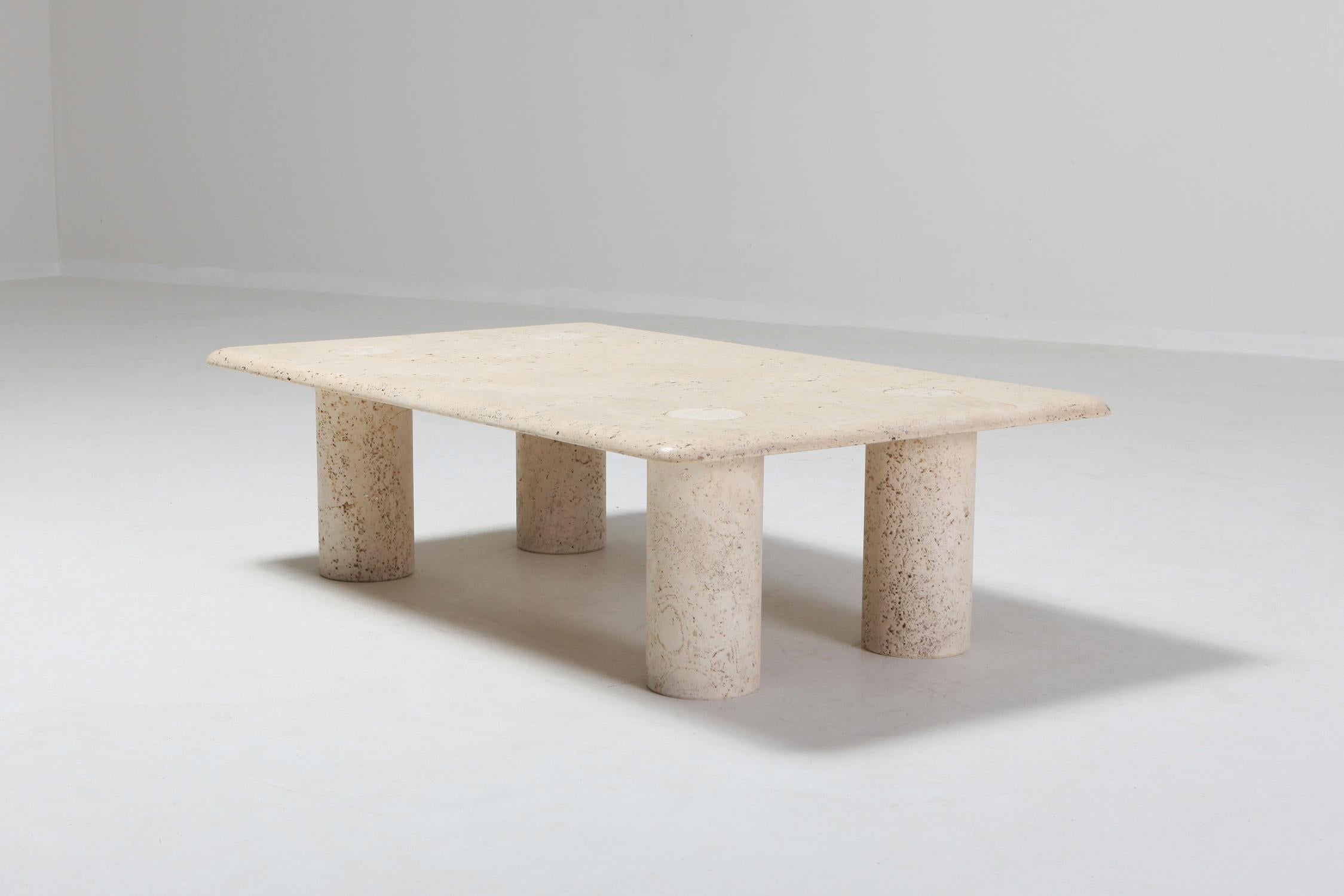 Travertine marble rectangular coffee table designed by Angelo Mangiarotti for Up & Up, Italy.
Postmodern piece that's really in trend in 2019.
The quality of the travertine is amazing; quite hard to find similar quality nowadays.
The edges are