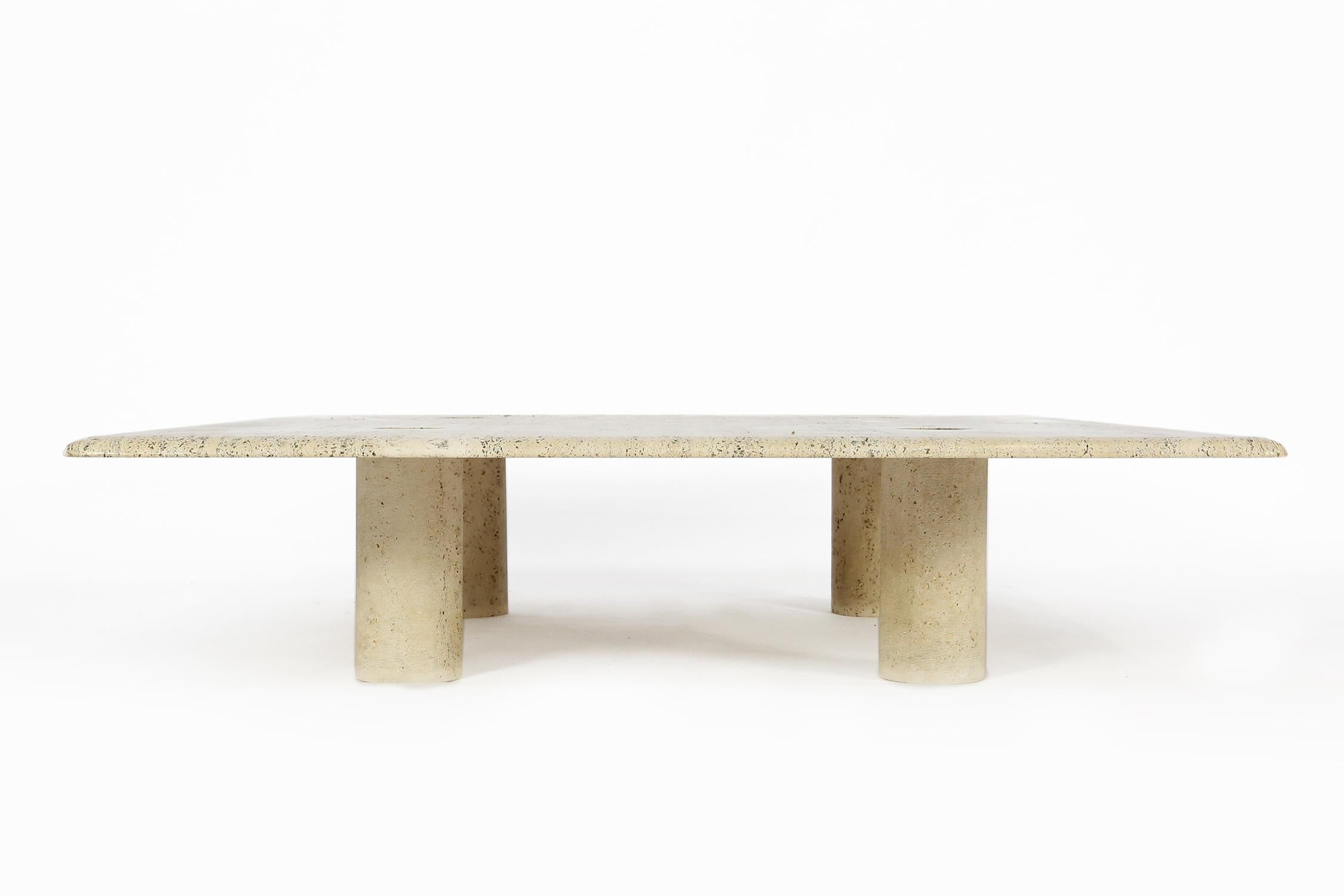 Travertine coffee or cocktail table with interlocking travertine legs by Angelo Mangiarotti for Up&Up, Italy, 1970s.
This is the biggest version available and measures: 120cm x 120cm x 28.5cm.
