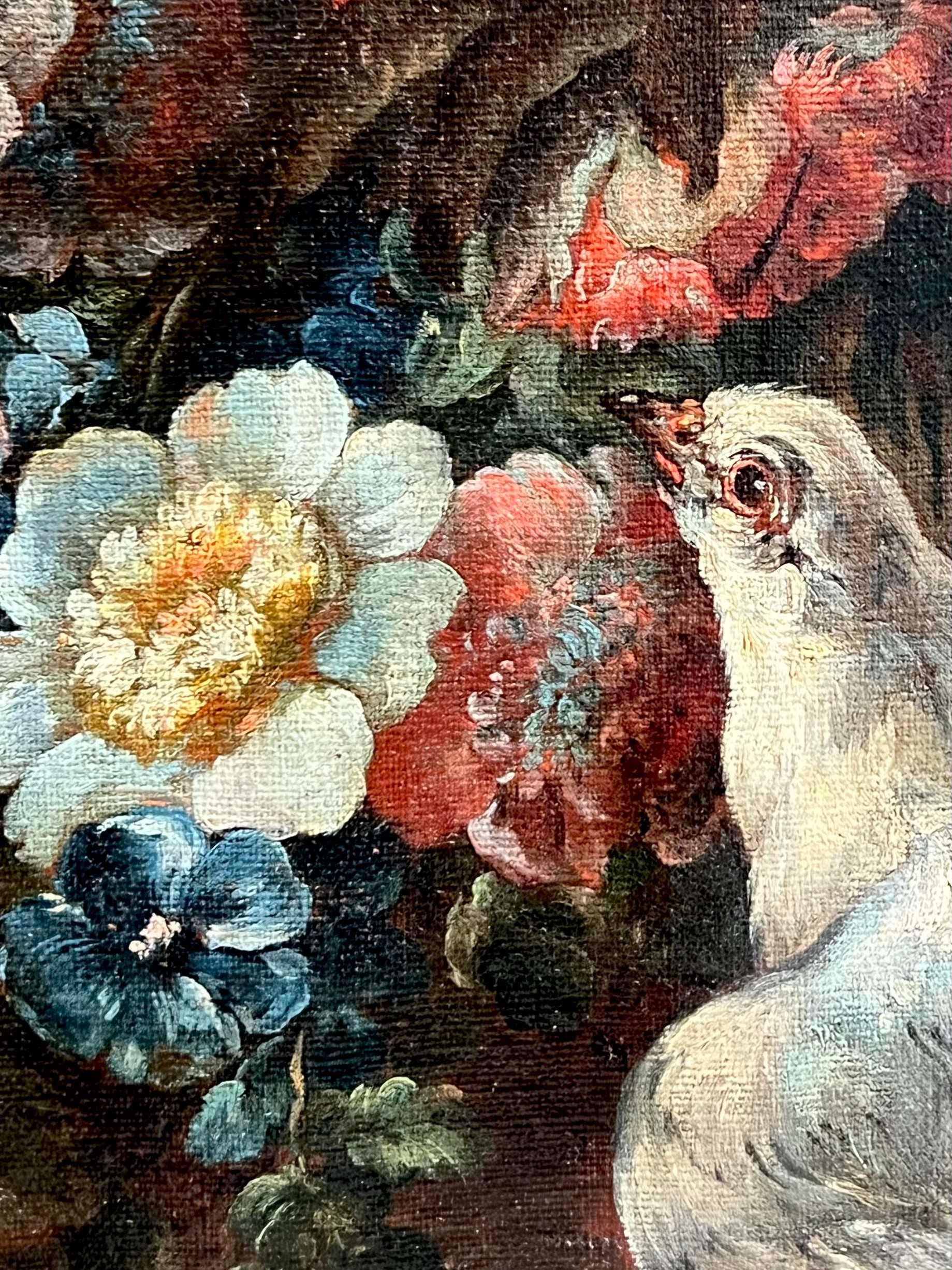 Huge late 17th, early 18th century Italian Old master - A peacock doves and a duck holding flowers in a park landscape at sunset, attr. Angelo Maria Crivelli

In a peaceful park landscape, a majestic peacock is sitting on a vibrant bouquet of fresh