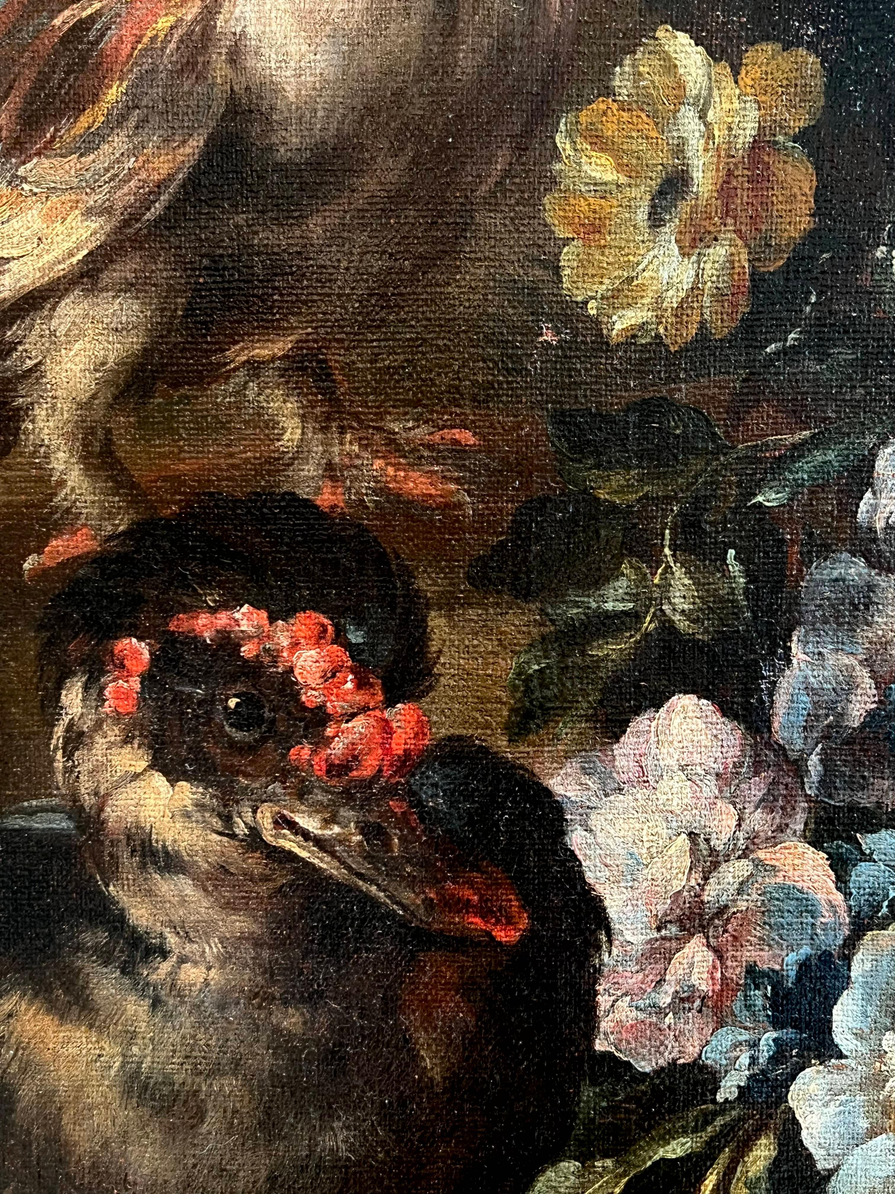 Huge late 17th, early 18th century Italian Old master - A peacock doves and a duck holding flowers in a park landscape at sunset, attr. Angelo Maria Crivelli

In a peaceful park landscape, a majestic peacock is sitting on a vibrant bouquet of fresh