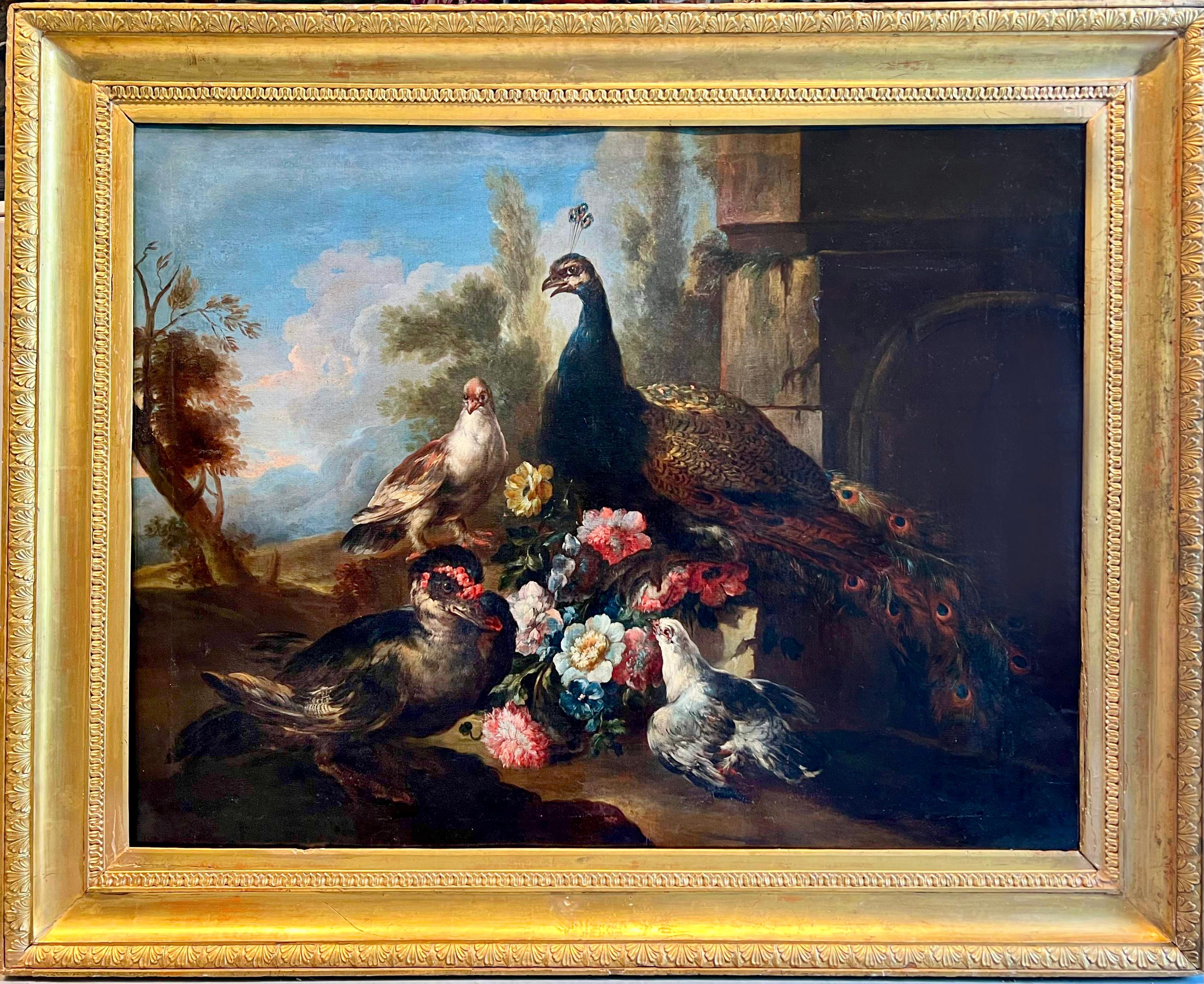Großes italienisches florales Ölgemälde aus dem späten 17. und frühen 18. Jahrhundert – Pfauentwedel und eine Ente 