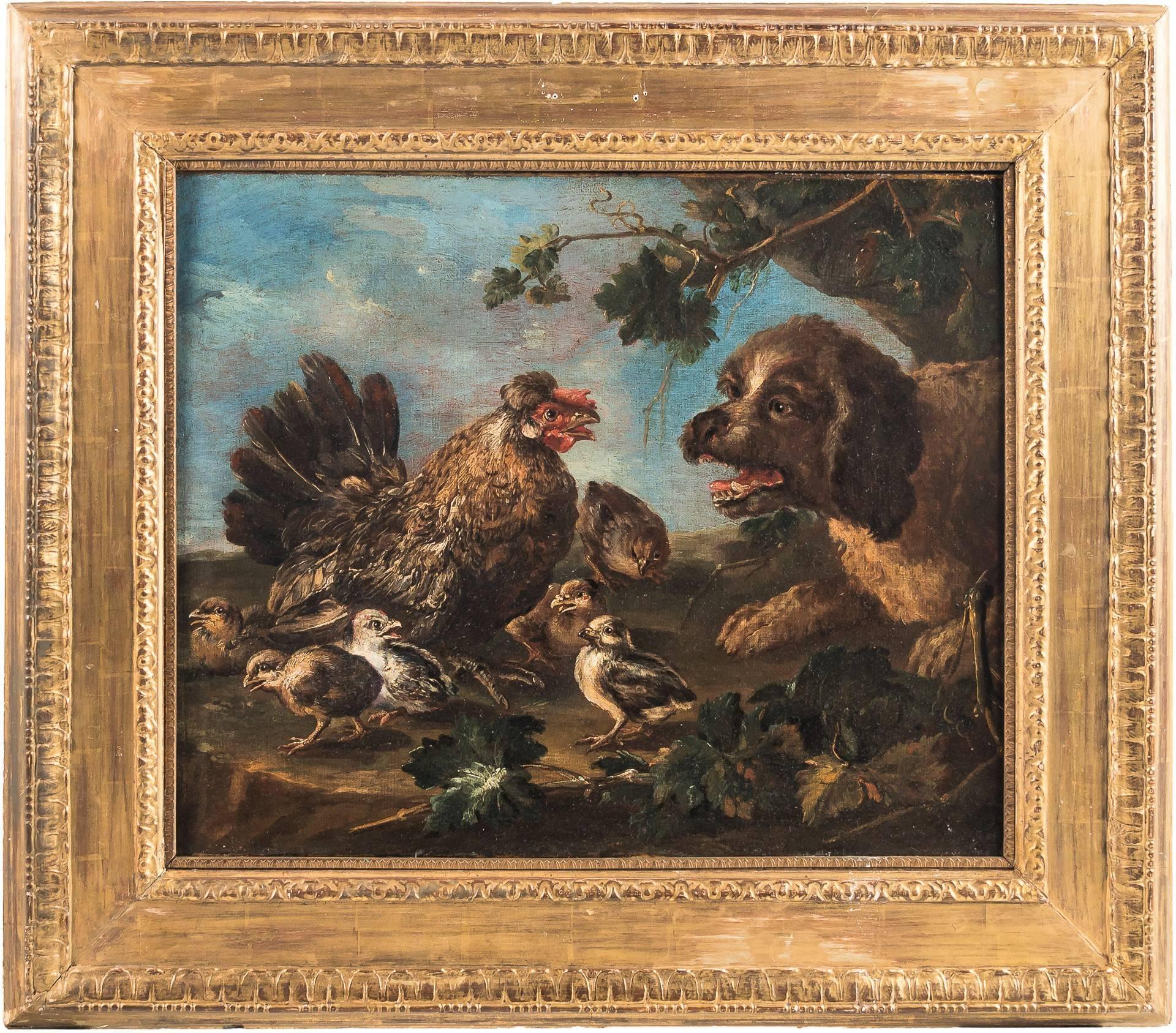 Angelo Maria Crivelli, known as Crivellone (Milan 1672 - Milan 1730) - "Animal depiction of a dog, a rooster and three chicks in a landscape". 

Oil on canvas, in carved and gilded wooden frame.
