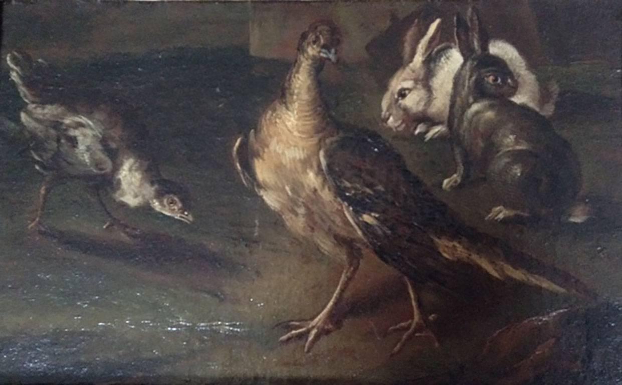 Late 17th/early 18th century Italian painting of a group of Partridges and Hares - Painting by Angelo Maria Crivelli