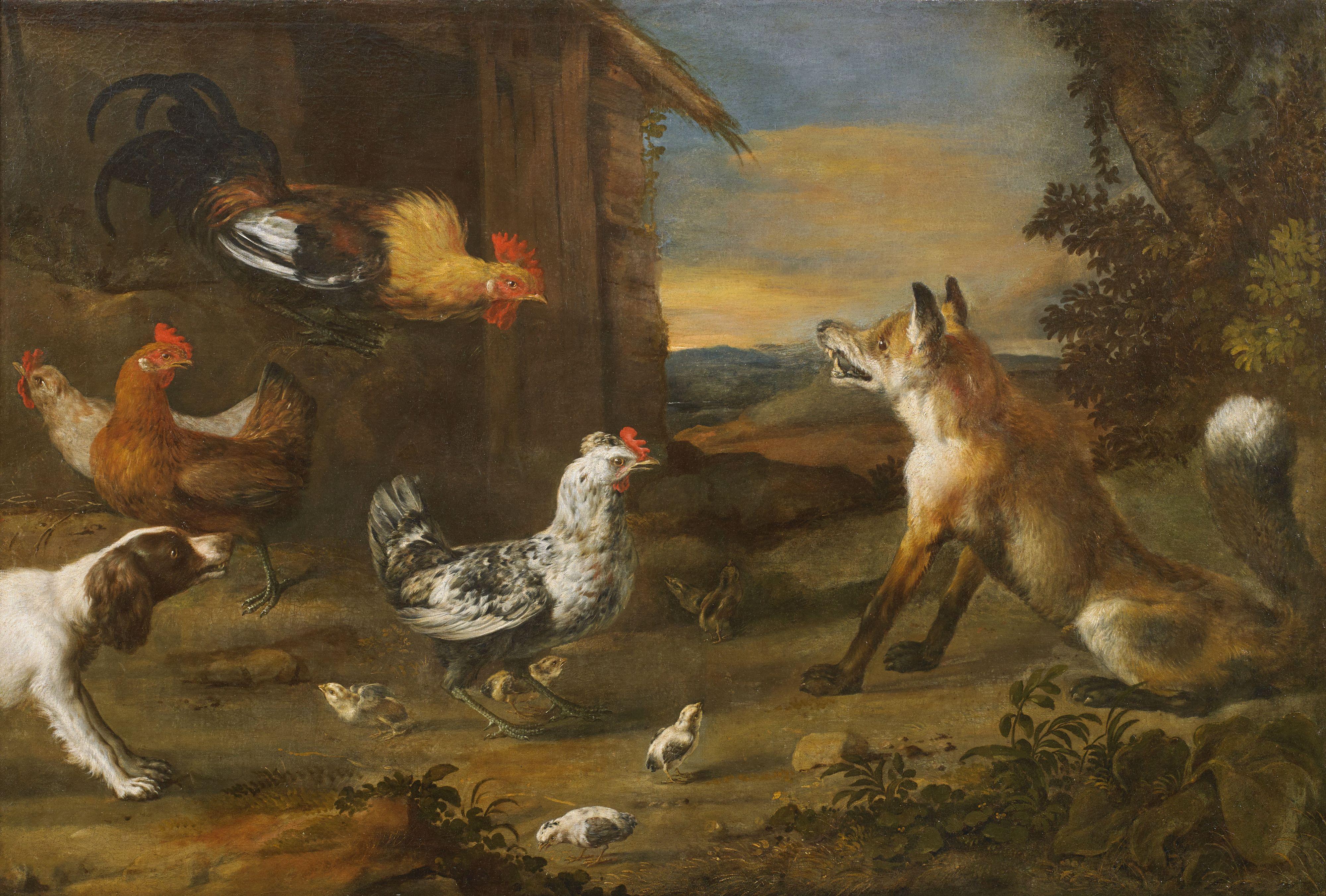 Tierszene aus dem 17. Jahrhundert, Angelo Maria Crivelli im Kampf mit Fuchs, Öl auf Leinwand, Orange