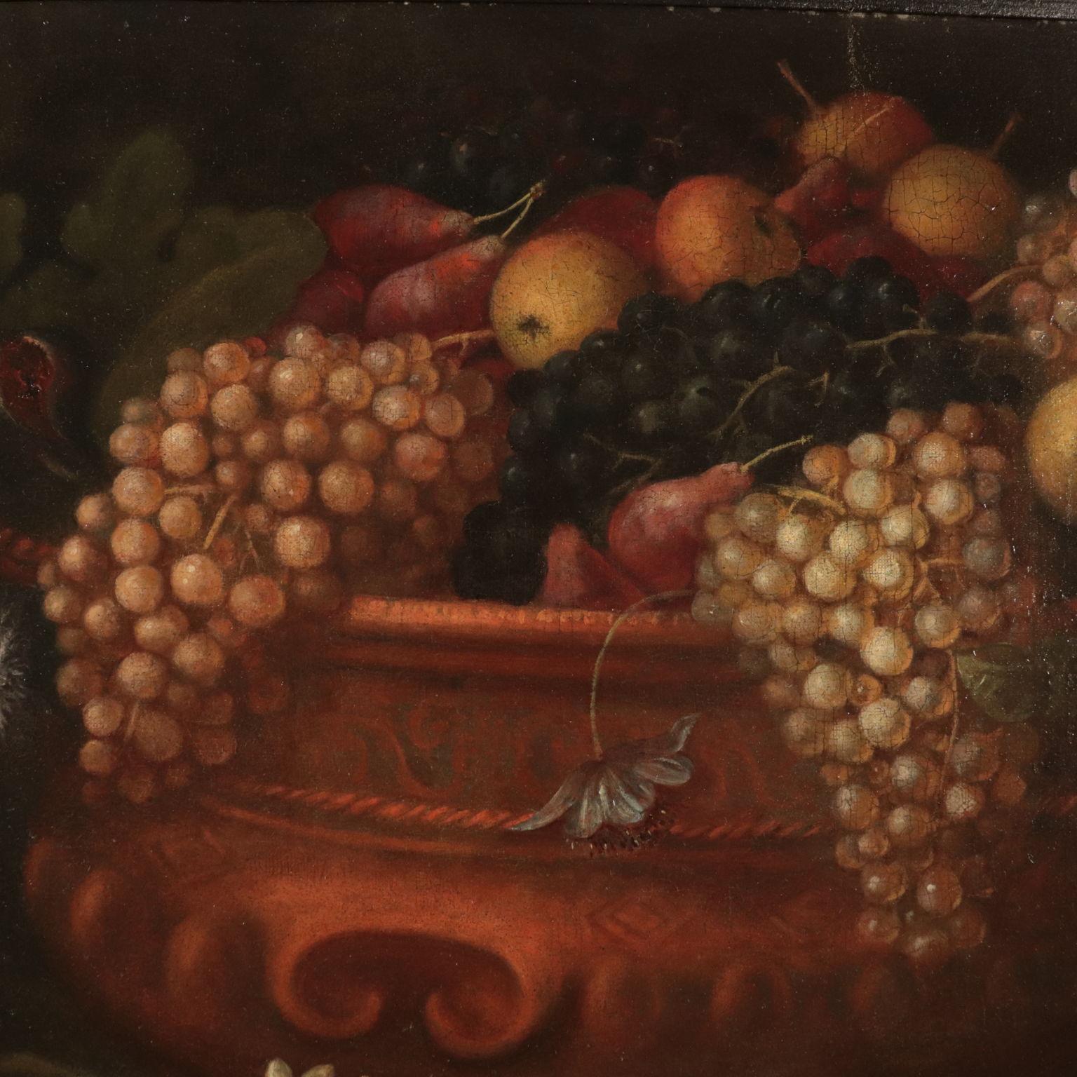 Still Life with Fruit, Flowers and Birds, Oil on Canvas, 17th Century - Other Art Style Painting by Angelo Maria Rossi