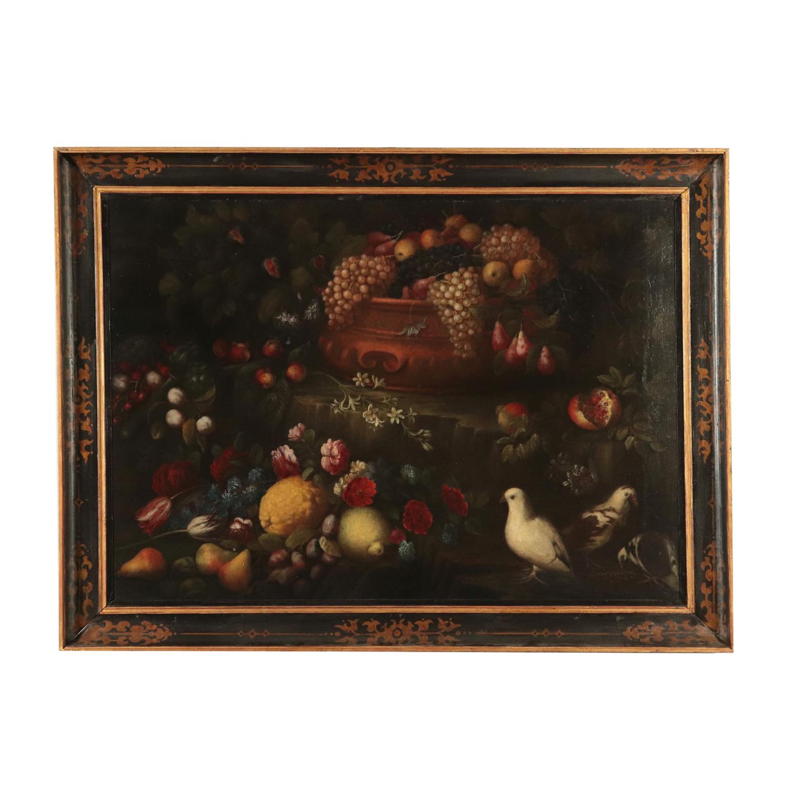 Angelo Maria Rossi Still-Life Painting - Still Life with Fruit, Flowers and Birds, Oil on Canvas, 17th Century