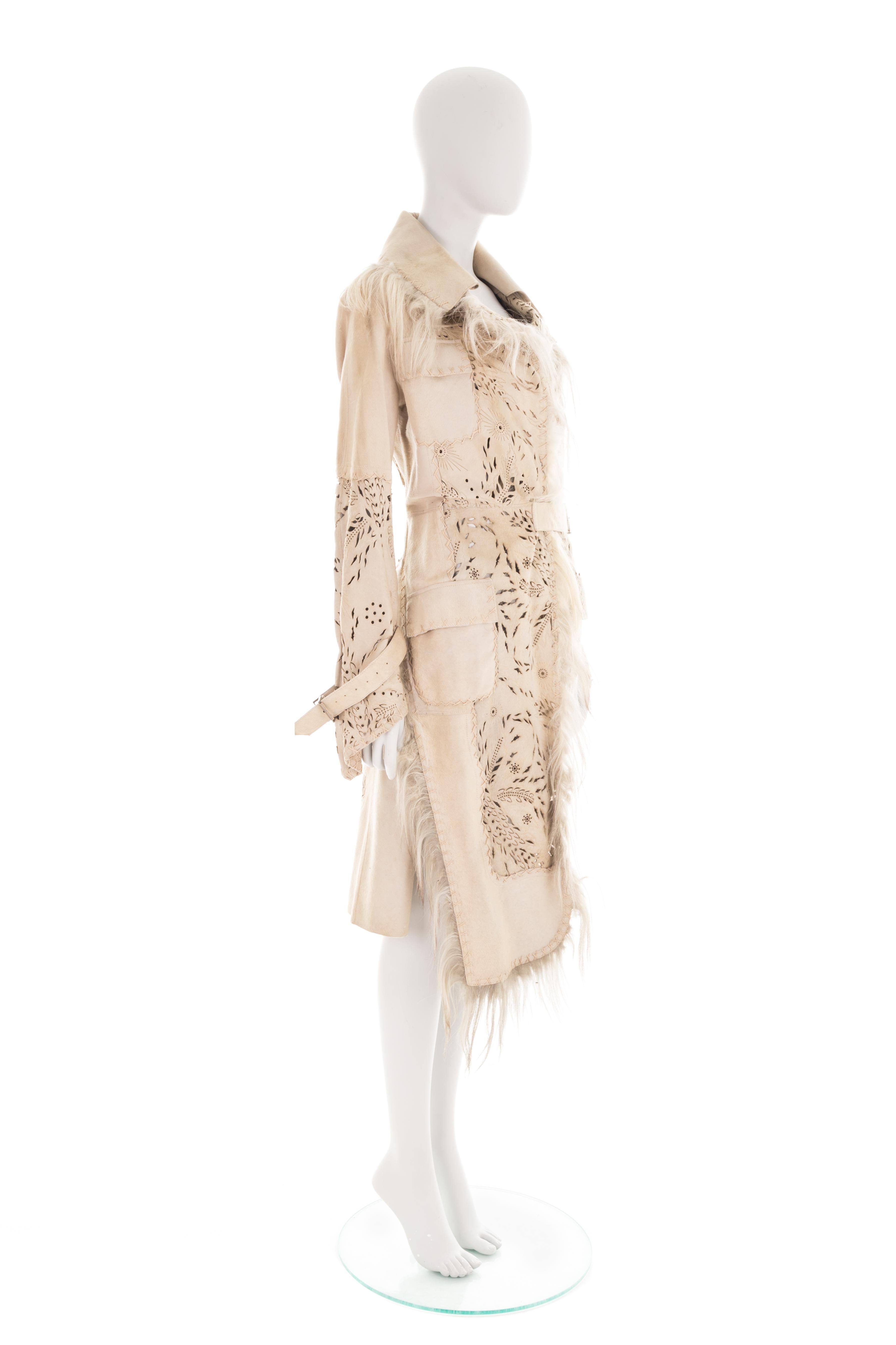 Beige Angelo Mozzillo F/W 2003 laser-cut suede fur trench coat For Sale