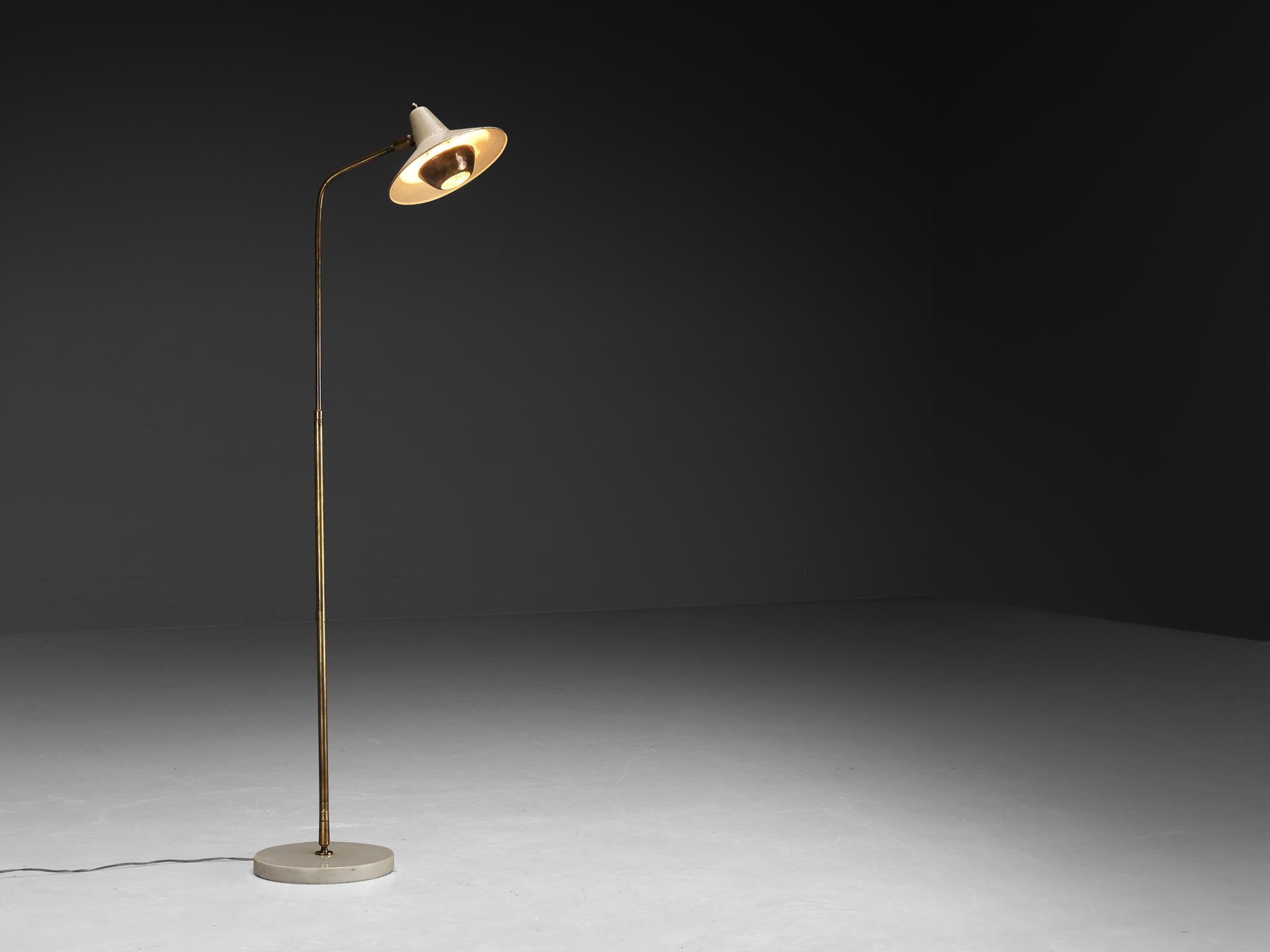 Angelo Ostuni for O-Luce, ‘Cloche Mignon’ floor lamp, model ‘312’, brass, marble, enameled aluminum Italy, 1949

This floor lamp known as, ‘Cloche Mignon’, meaning cute bell in French, is designed by the influential designer in the field of lighting
