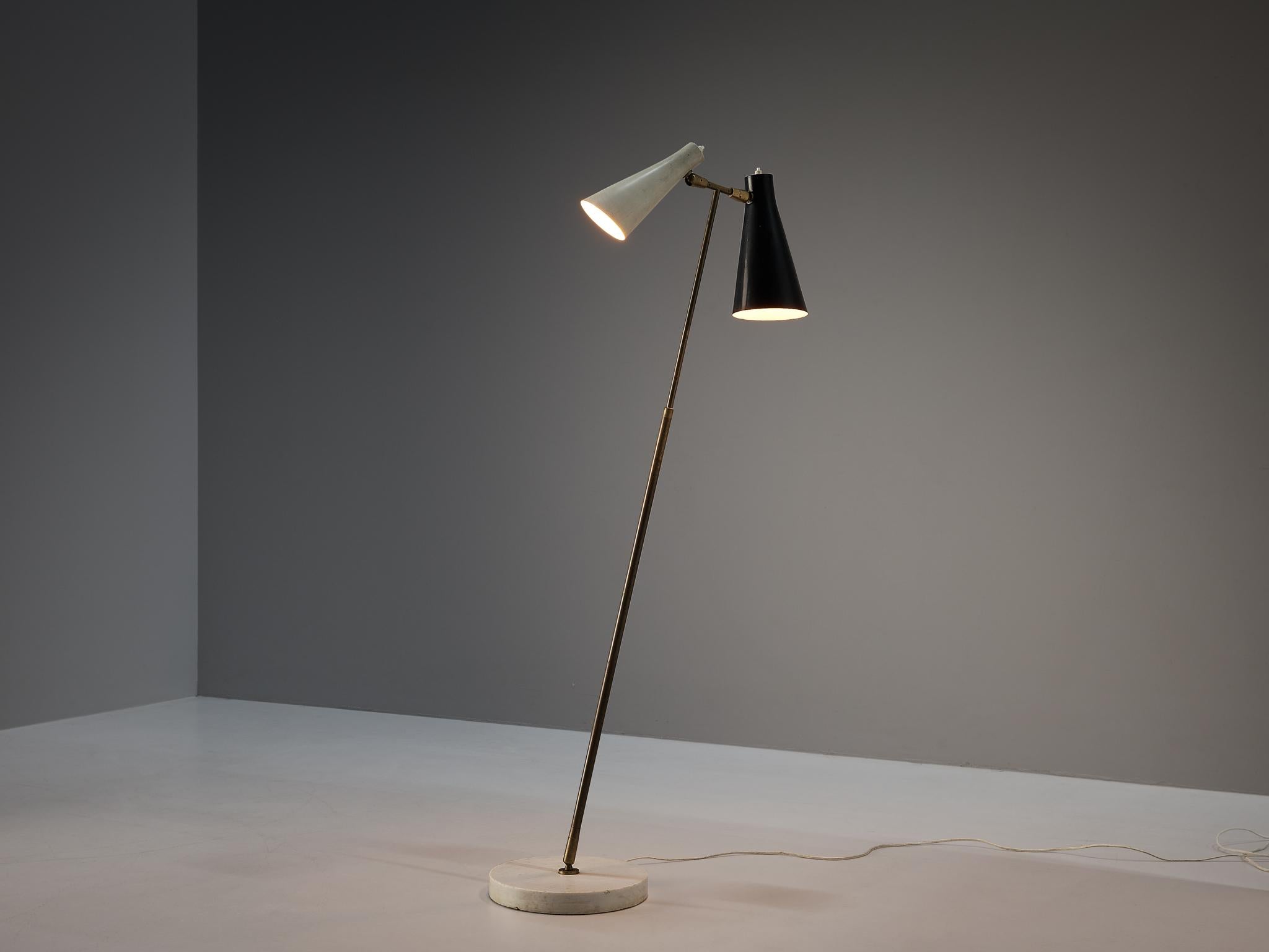 Angelo Ostuni for O-Luce, floor lamp, model 312/2, brass, marble, enameled aluminum, Italy, 1949. 

Angelo Ostuni designed this floor lamp in 1949 which his brother Giuseppe took into production for their new established lighting design company