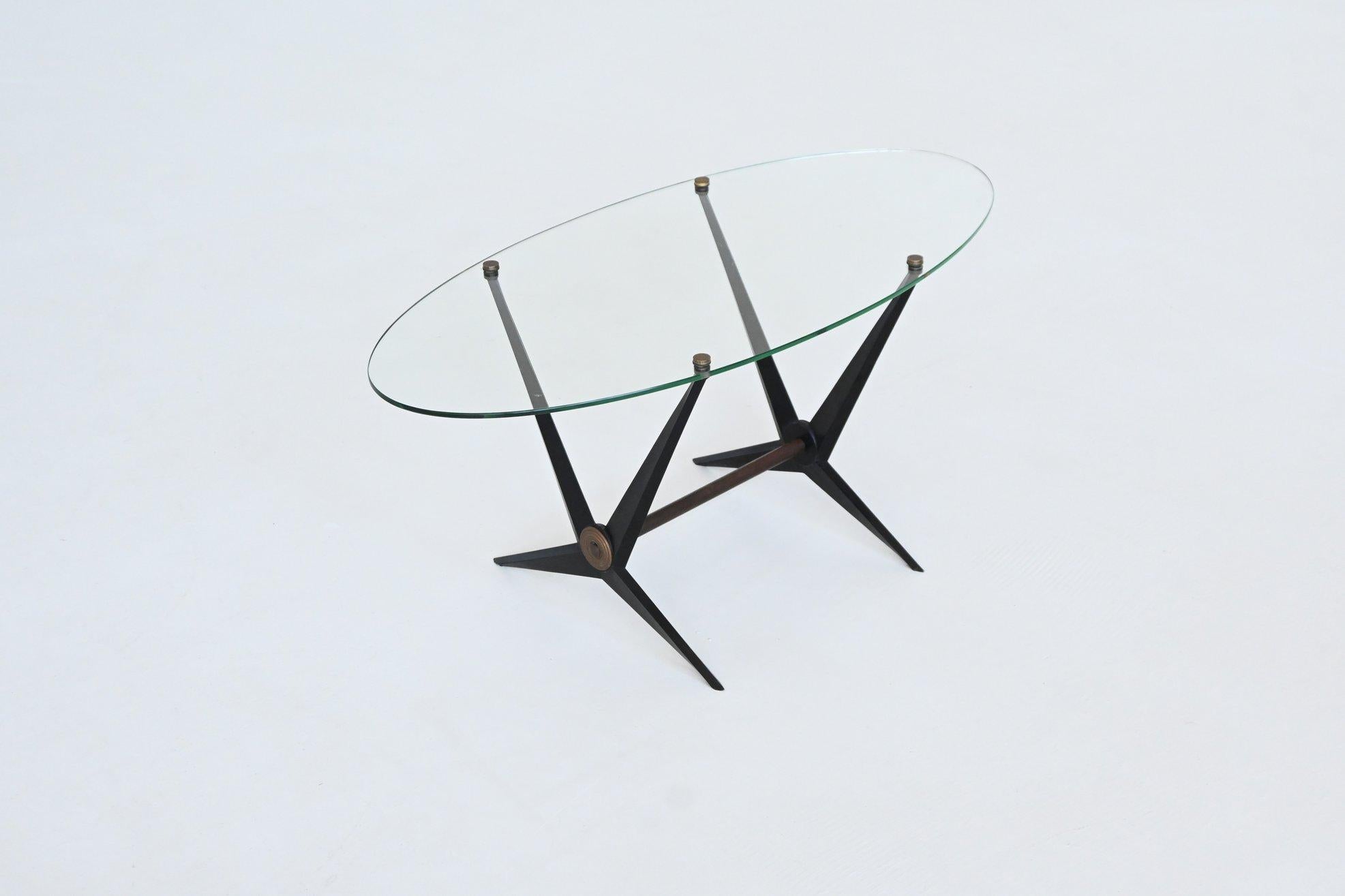 Angelo Ostuni oval coffee table metal and glass Italy 1950 For Sale 8