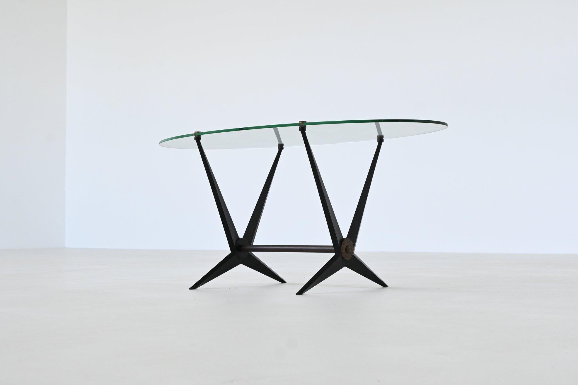 Angelo Ostuni oval coffee table metal and glass Italy 1950 For Sale 9