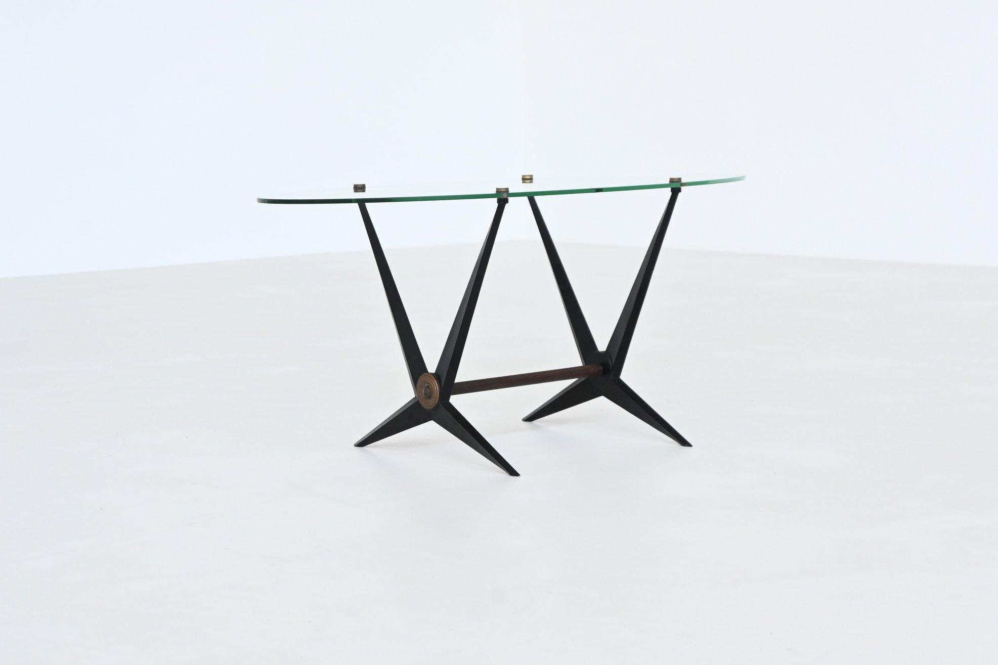 Mid-Century Modern Angelo Ostuni oval coffee table metal and glass Italy 1950 For Sale