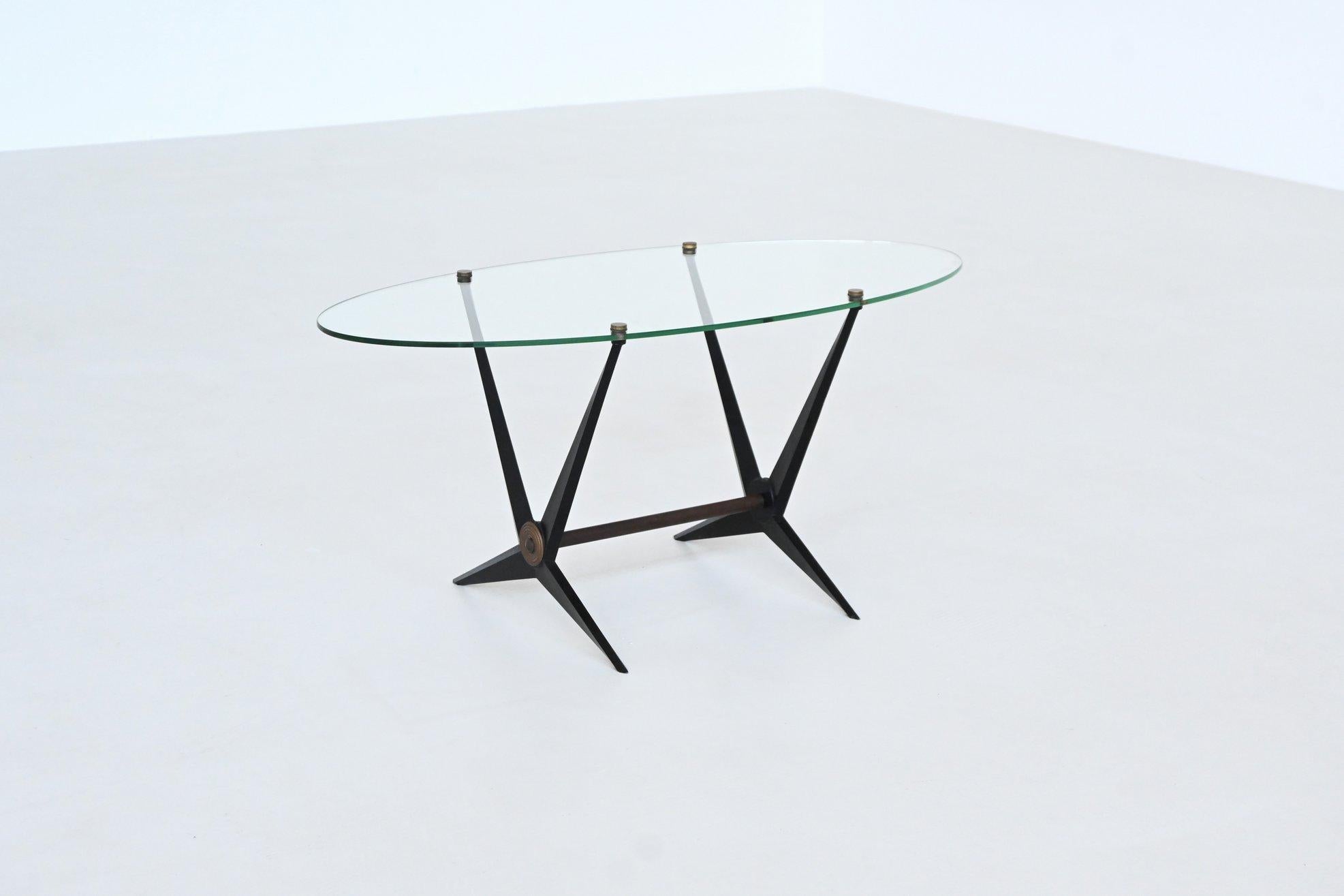 Mid-20th Century Angelo Ostuni oval coffee table metal and glass Italy 1950 For Sale
