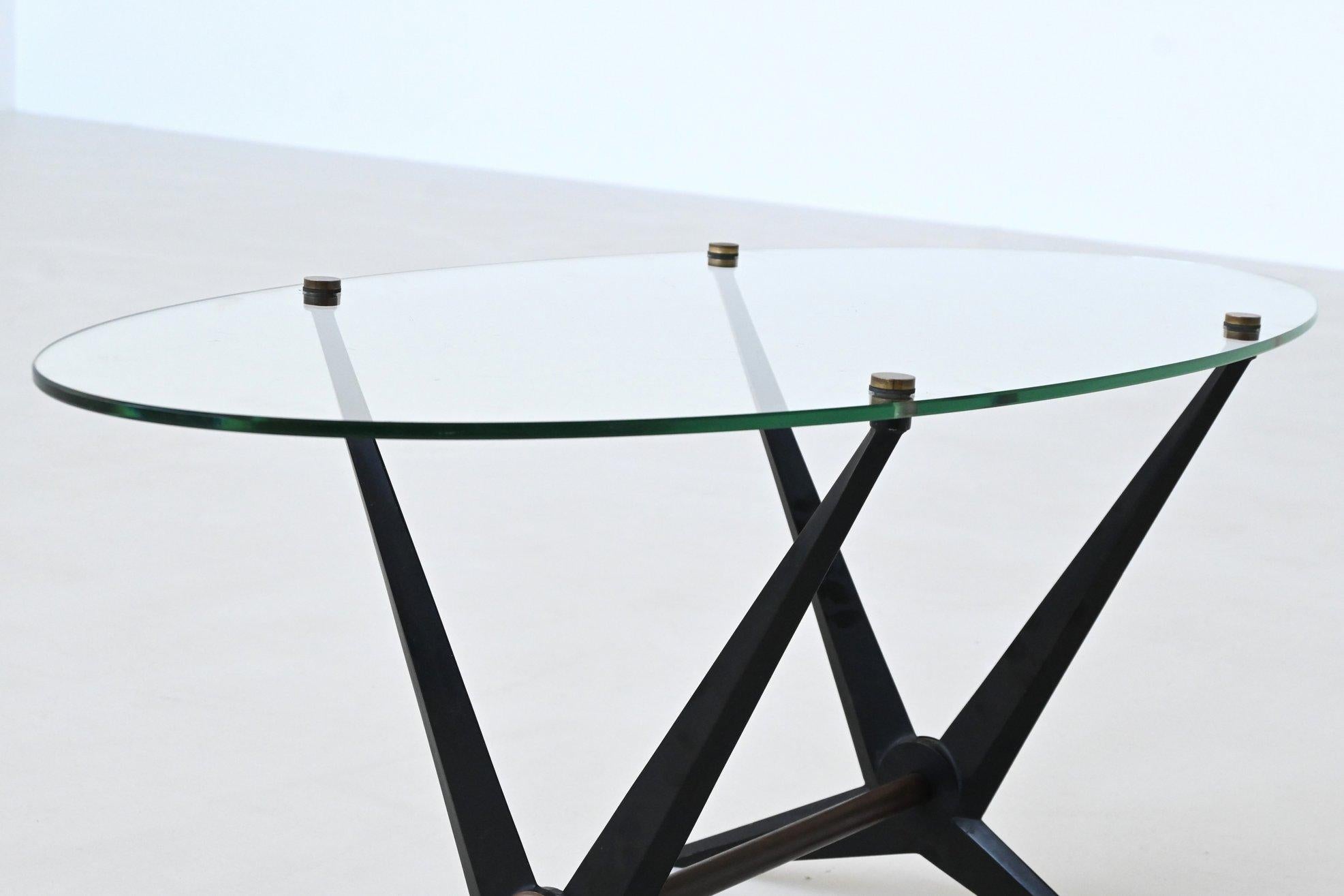 Angelo Ostuni oval coffee table metal and glass Italy 1950 For Sale 2