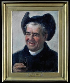 The Wine Drinker - 19th Century Italian Antique Oil on Canvas Portrait Painting