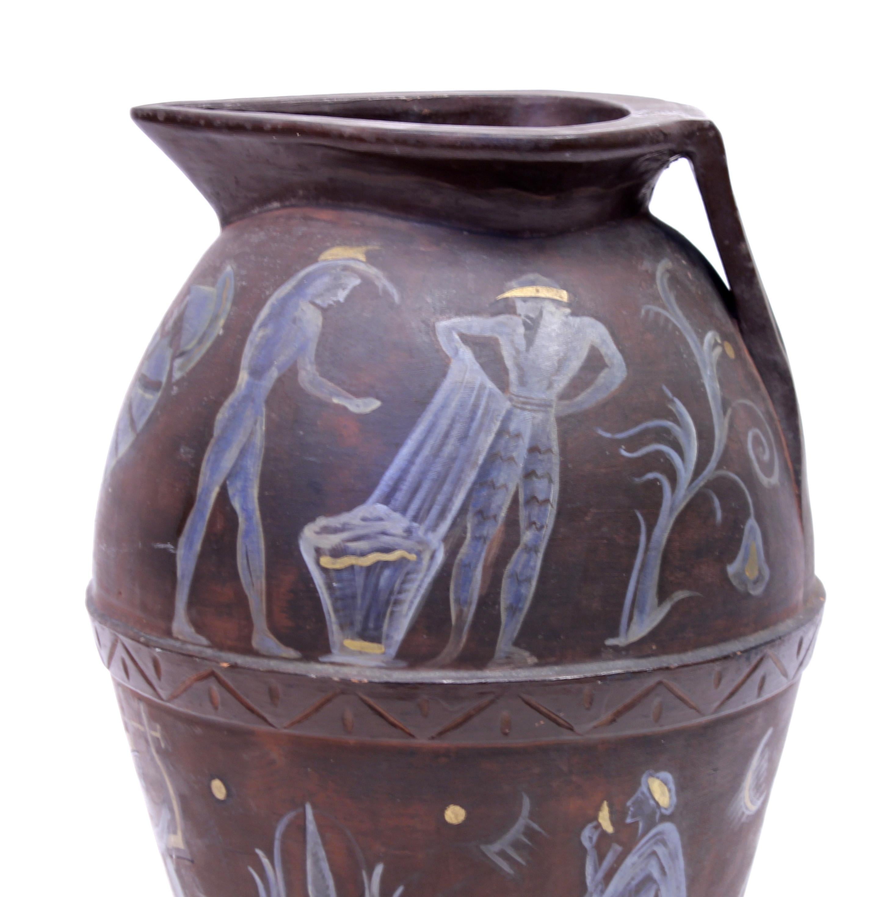 Very rare and magnificent large painted Italian terracotta urn, pot or olive jar depicting ancient Greek mythology scenes made by Angelo Ricerri in the 1910s or 1920s. The top has a handle on one side and a spout on the other. Marked by maker: