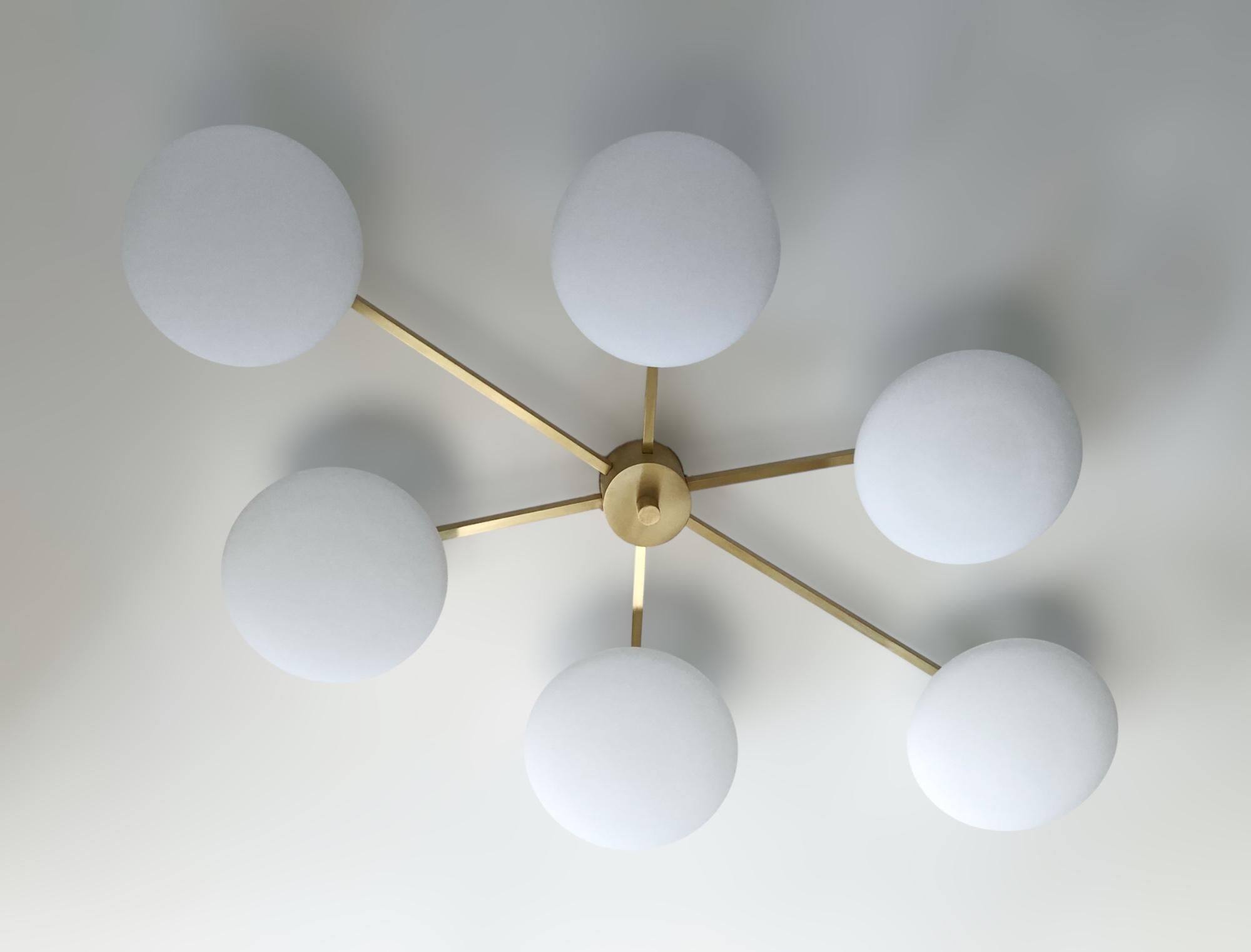 Italian midcentury asymmetrical flush mount with 6 matte white Murano glass shades mounted on solid brass frame in satin brass finish / Made in Italy
Length: 60 inches / Width: 35.5 inches / Height: 8 inches
6 lights / E12 type / max 40W each
