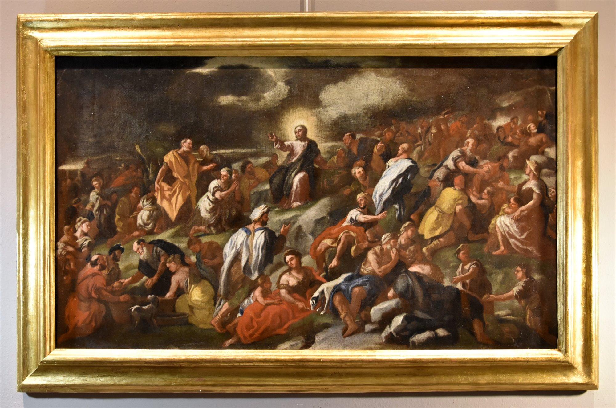 Angelo Solimena (Canale di Serino 1629 - Barra, 1716)  

Vermehrung der Brote und Fische  

Öl auf Leinwand 60 x 102 cm Gerahmt 76 x 116 cm  

Das Werk wird von einem Gutachten von Prof. Emilio Negro begleitet.  

Das Gemälde stellt das Wunder der