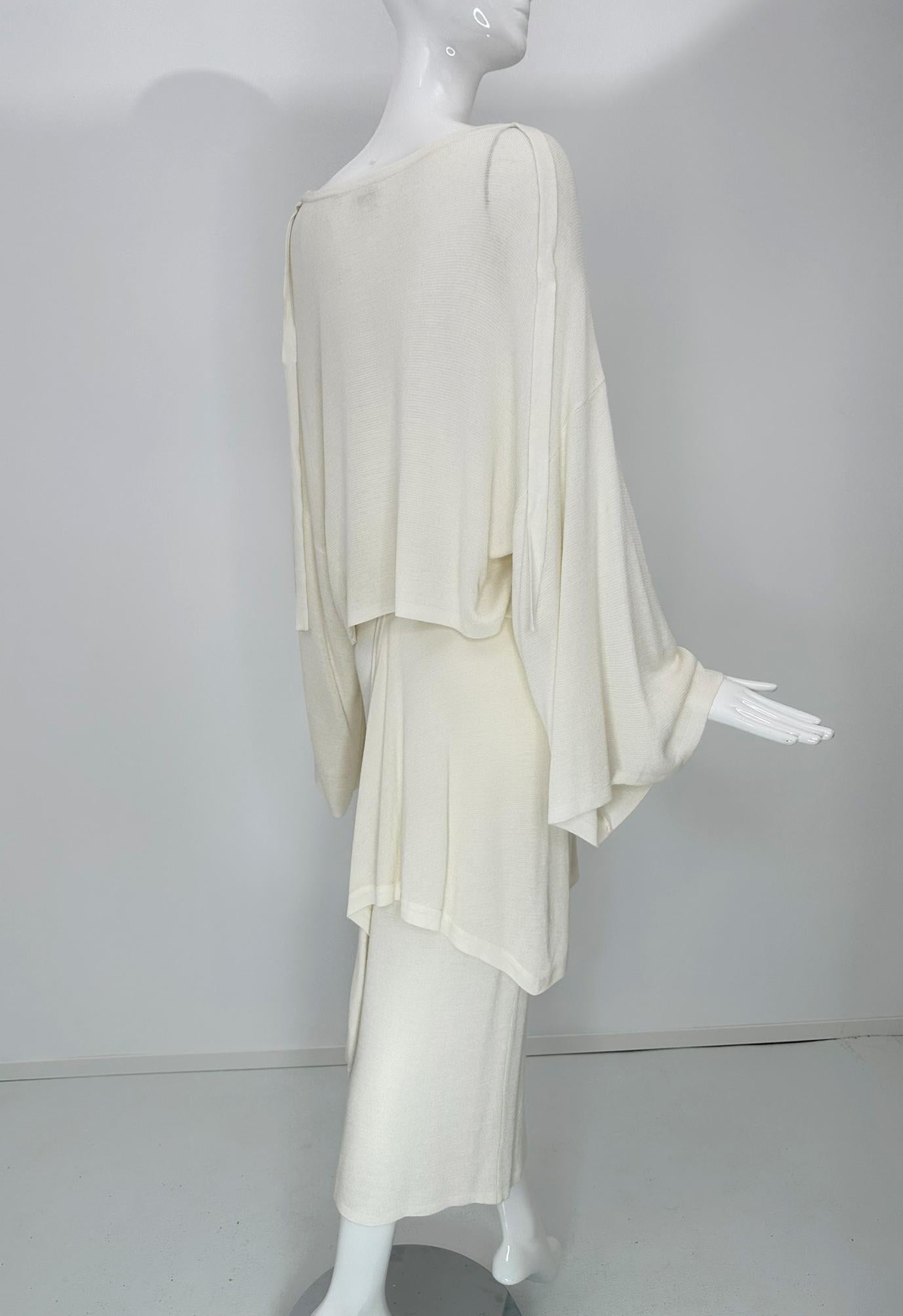 Angelo Tariazzi Paris 2pc Off White Knit Kimono Sleeve Top & Hip Tie Skirt 1980s For Sale 5