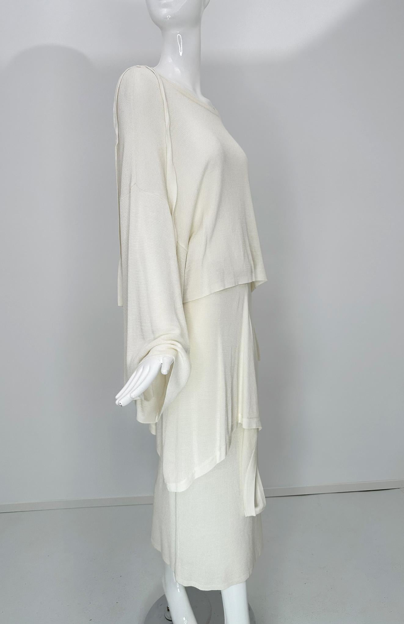 Angelo Tariazzi Paris 2pc Off White Knit Kimono Sleeve Top & Hip Tie Skirt 1980s For Sale 7