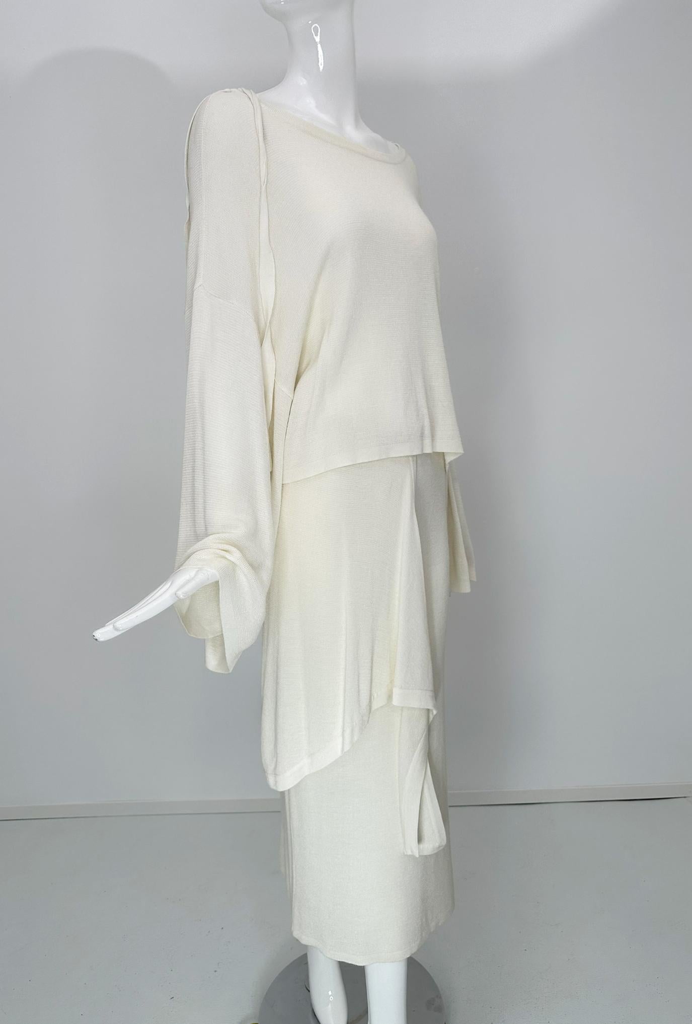 Angelo Tariazzi Paris 2pc Off White Knit Kimono Sleeve Top & Hip Tie Skirt 1980s For Sale 8