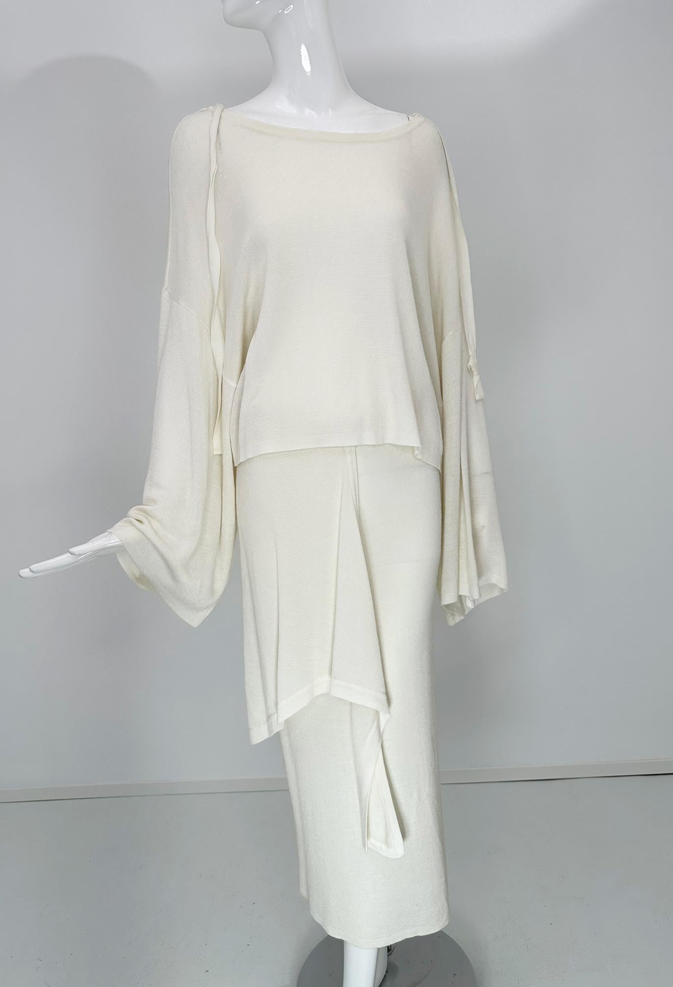 Angelo Tariazzi Paris 2pc Off White Knit Kimono Sleeve Top & Hip Tie Skirt 1980s For Sale 9